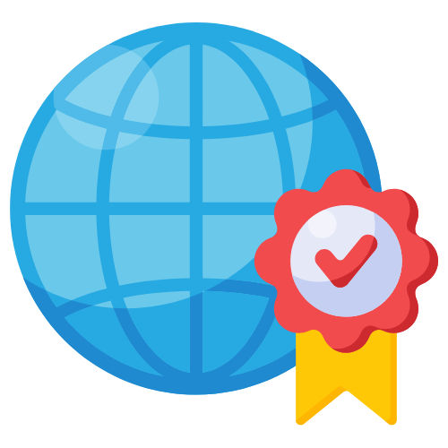 A globe with a badge featuring a checkmark, representing global certification or verification.
