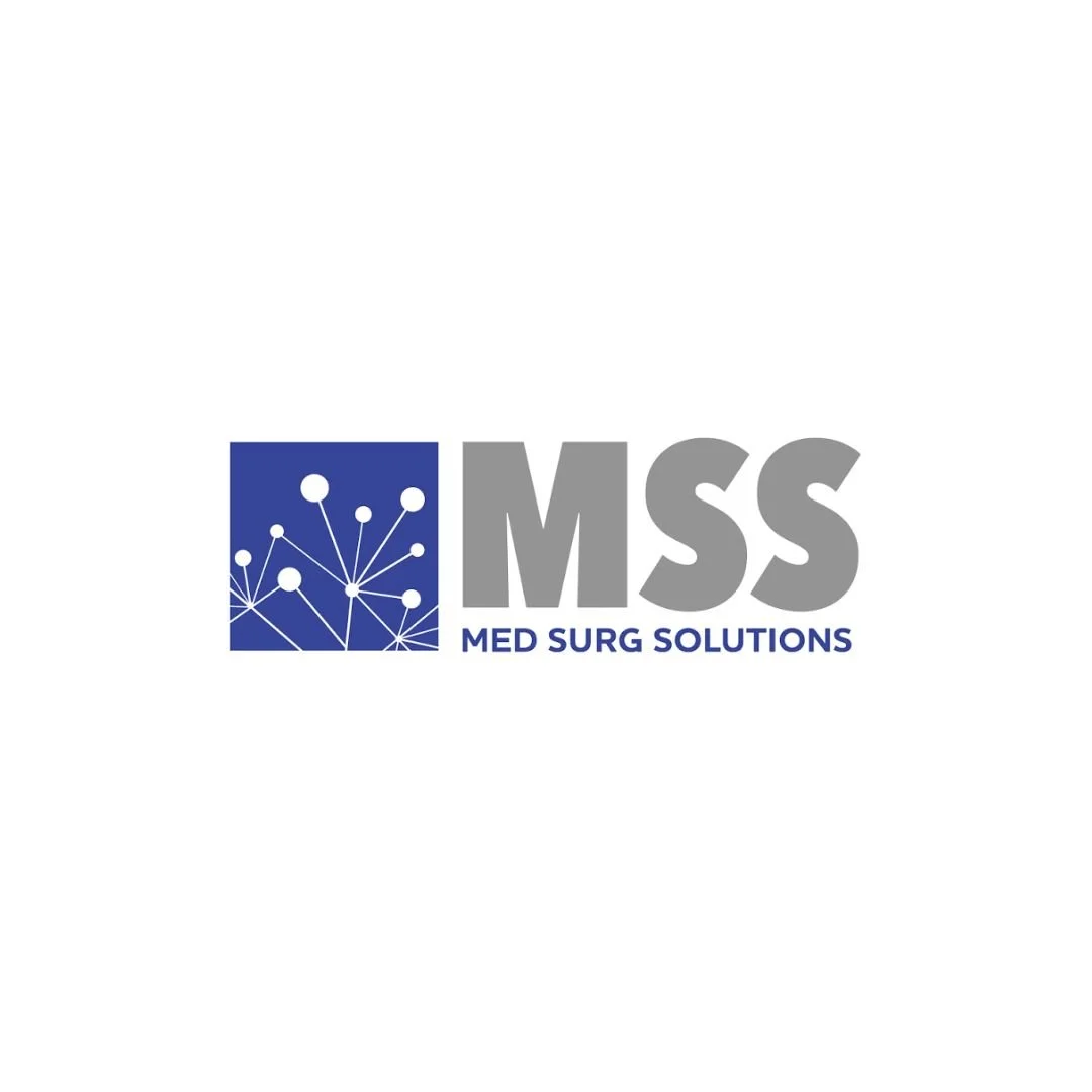 Logo for MSS Med Surg Solutions featuring a blue square with a white network diagram and the gray text "MSS" with smaller blue text "Med Surg Solutions" underneath.