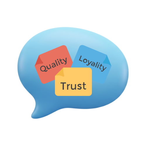 A speech bubble containing three colored blocks labeled 'Trust', 'Quality', and 'Loyalty' symbolizing cpd accreditation