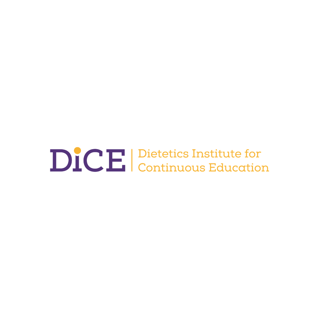 Logo of DICE, Dietetics Institute for Continuous Education, with purple and orange text on a black background.
