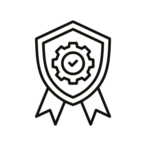 Outline of a shield with a gear and checkmark inside, and ribbons below, representing an award or certification.