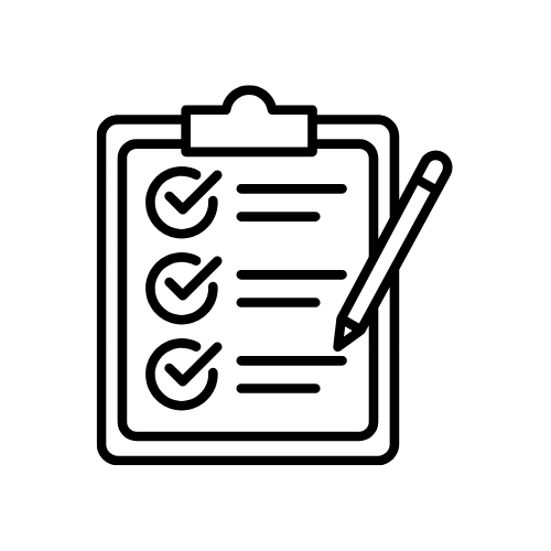 Icon of a clipboard with a checklist and a pen.