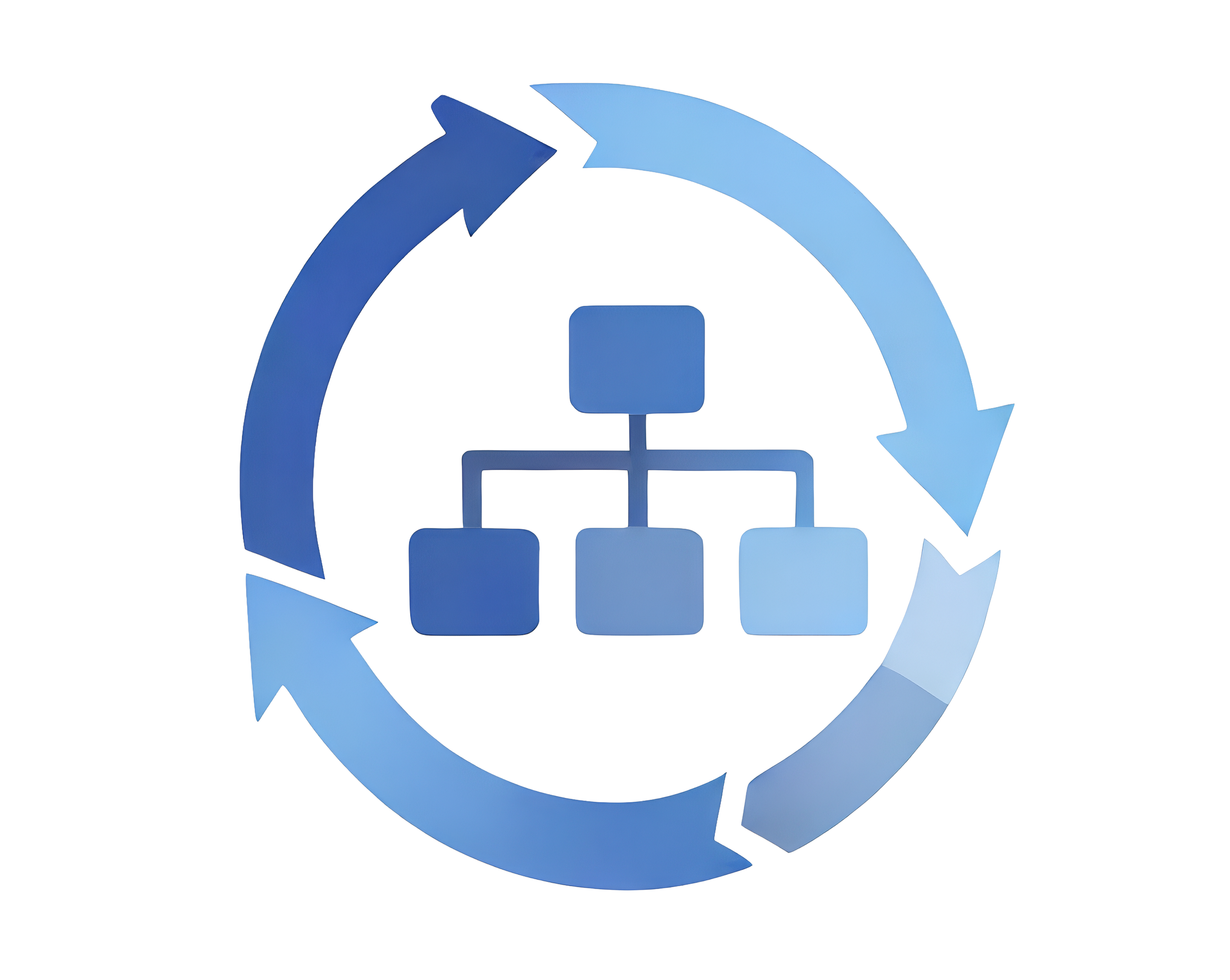 Diagramm zeigt eine Organisation oder Hierarchie mit einem Template, um den Prozess der kontinuierlichen Verbesserung oder Aktualisierung zu symbolisieren, umgeben von einem Kreis vorwärts gerichteter Pfeile.