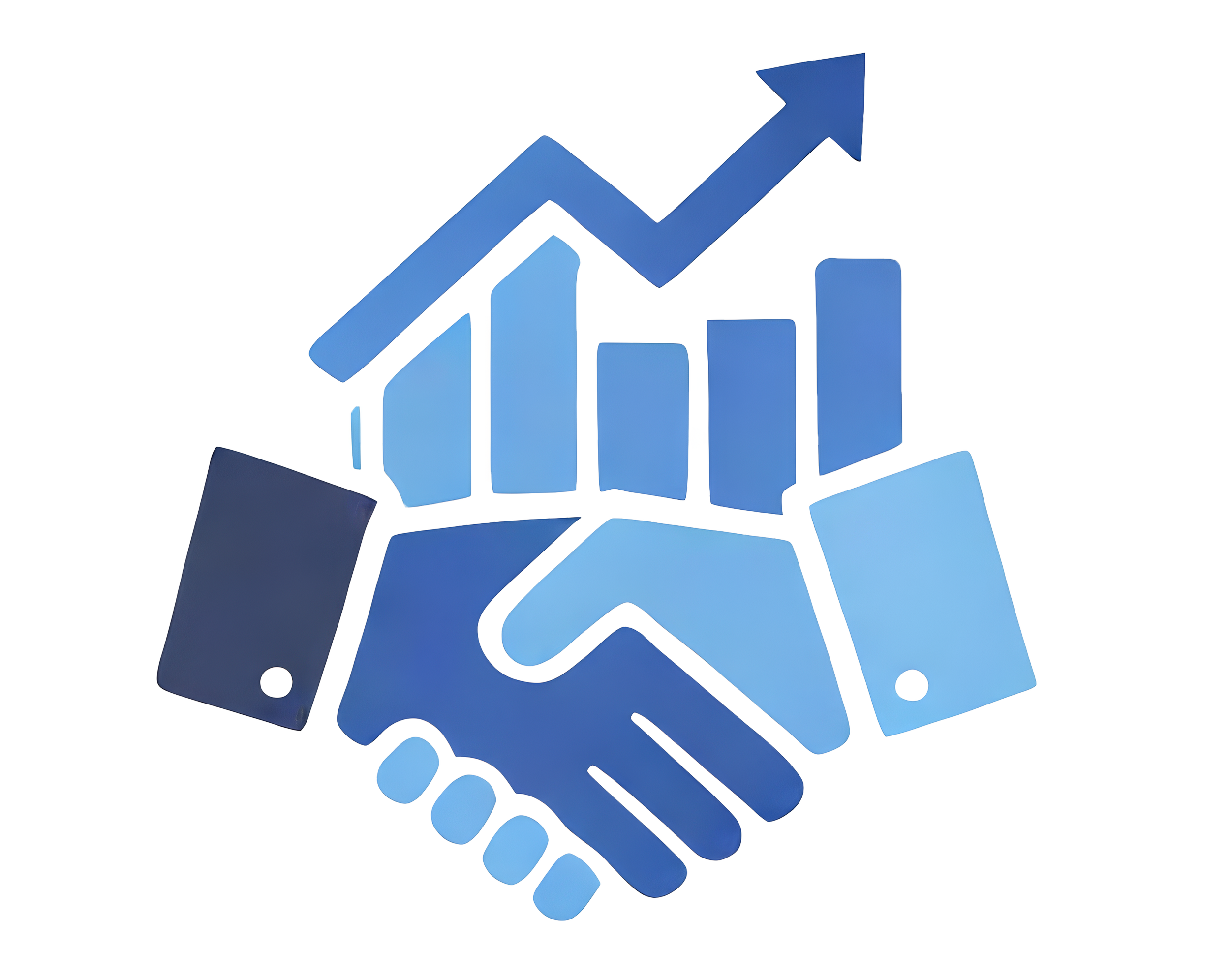 Symbol für Geschäftsabschluss mit iconen von Handshake, Handys und steigenden Balkendiagrammen in Blautönen.