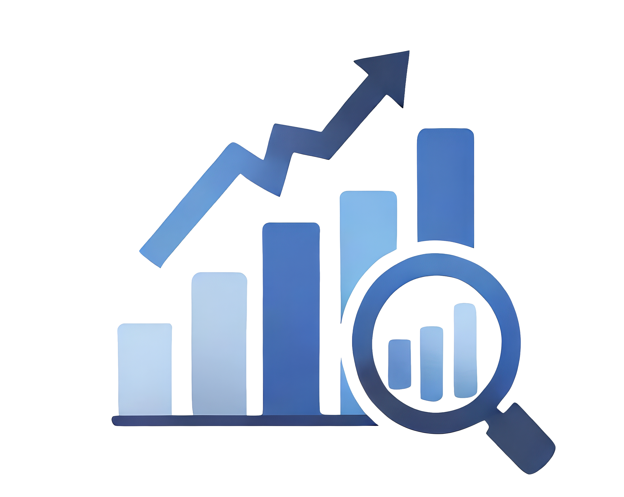 Grafik mit Bar- und Liniendiagrammen, eine Lupe, die auf die Diagramme fokussiert, symbolisiert Analyse und Wachstum.