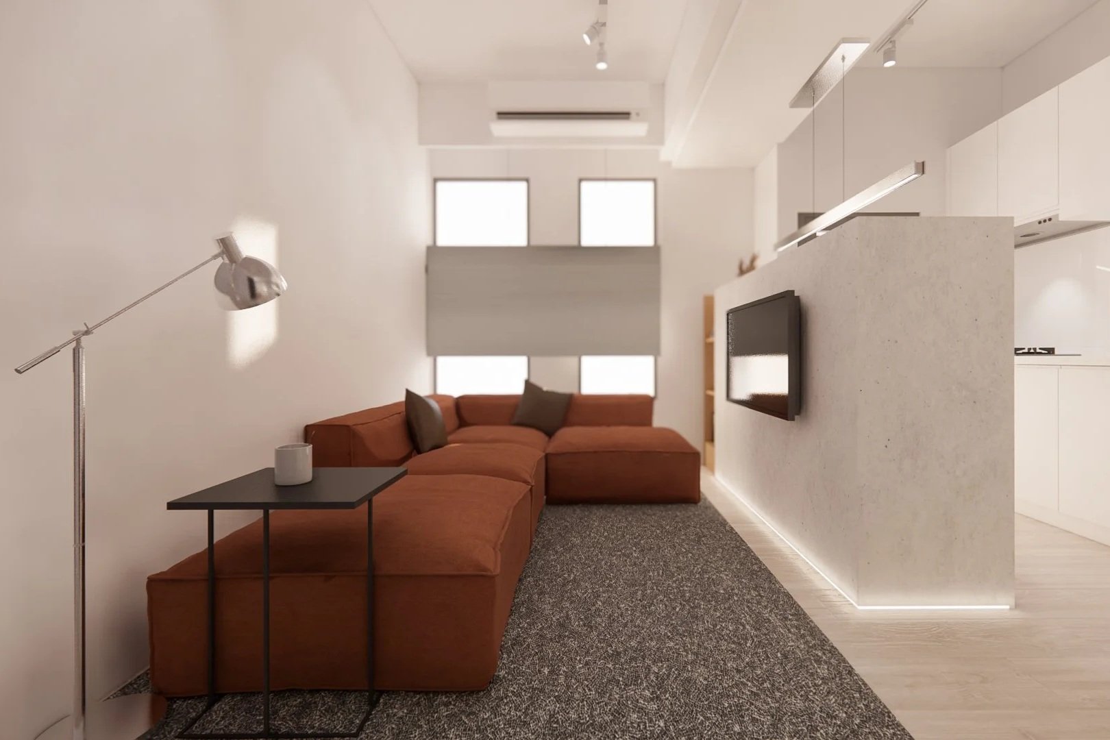 視聽與餐廚動線優化：利用中島作為空間主軸的現代住宅裝修，專業客製化家具與多功能中島電視牆。