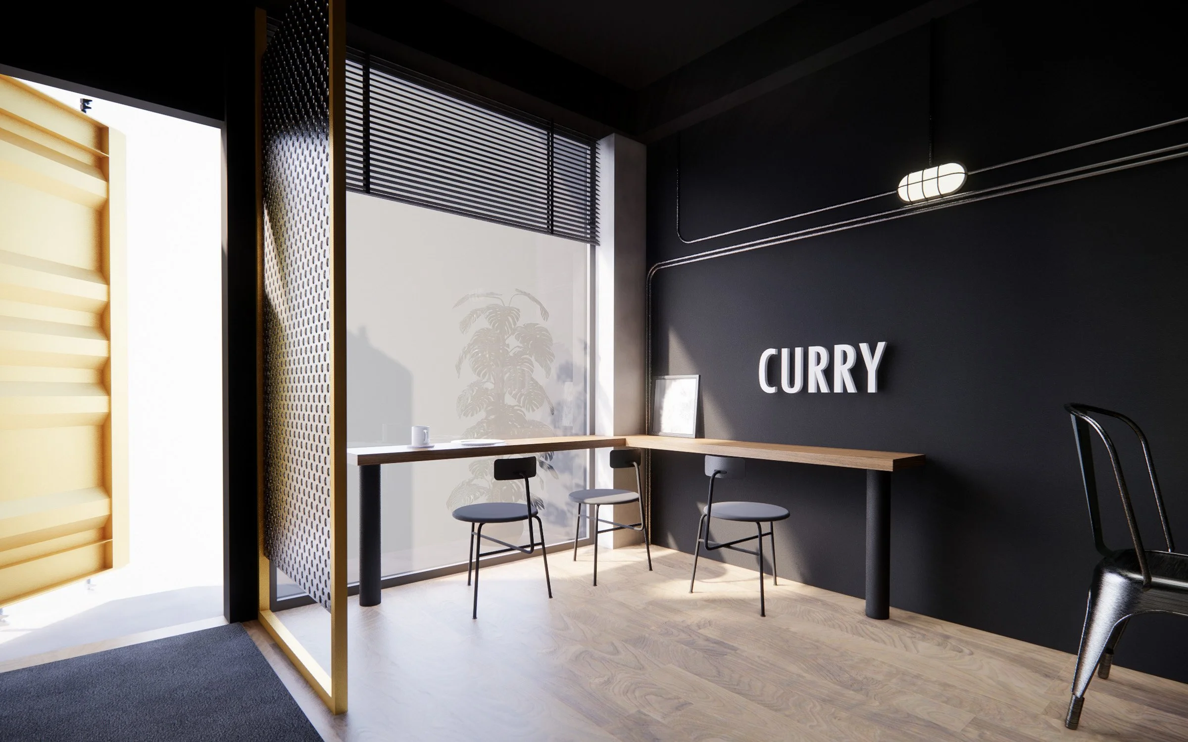 現代風格的餐廳內部，黑色牆壁，用餐區的木製吧台桌配有四把椅子，大窗戶裝有百葉窗，牆上寫著「咖哩」字樣。