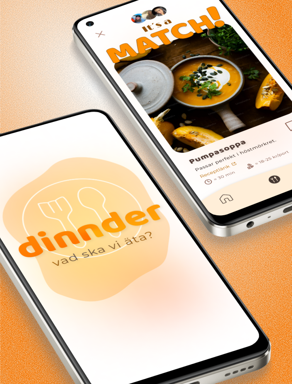 Två telefonskärmar som visar arbetet för Dinnder.