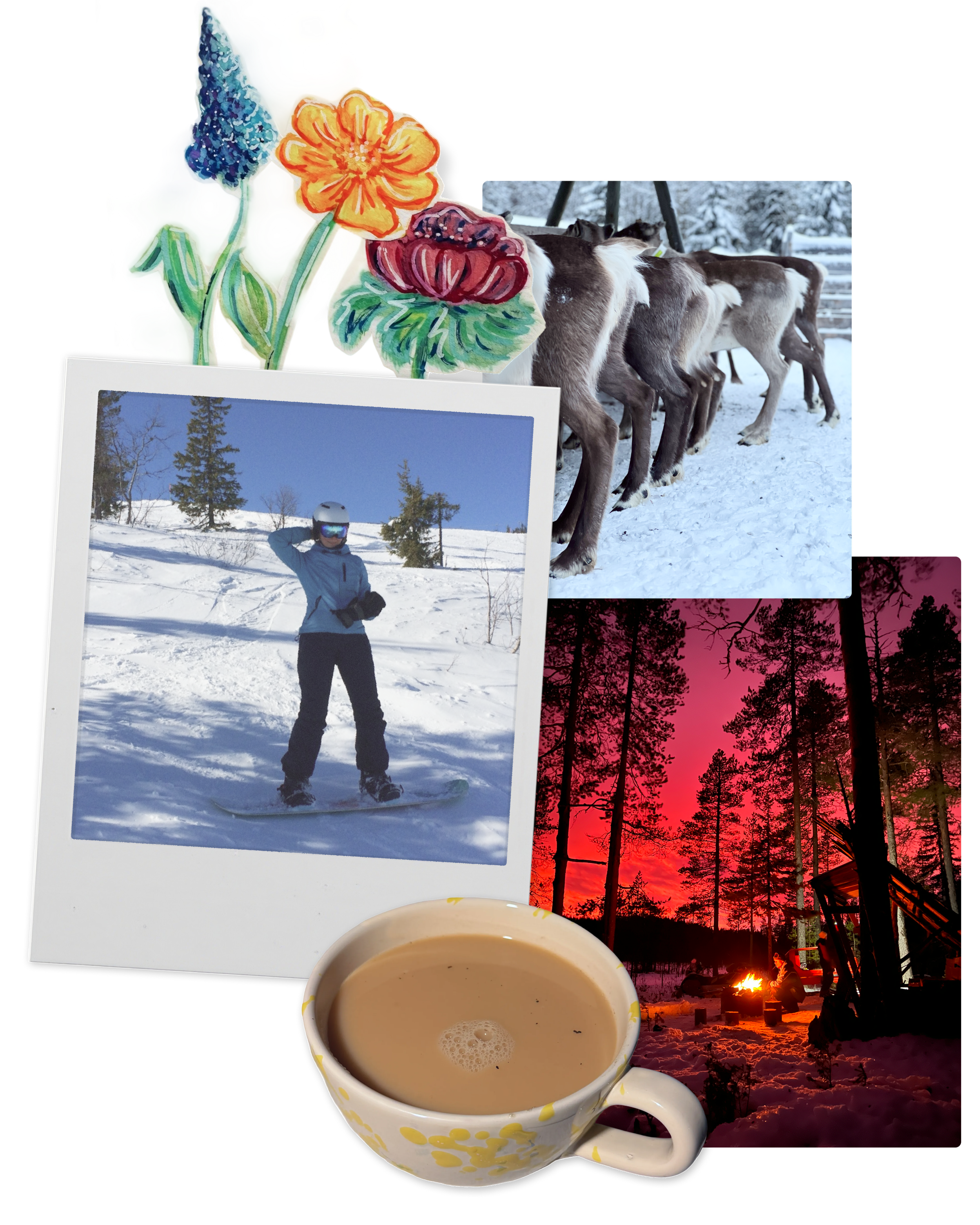 Ett kollage som visar några av mina intressen utanför designen: snowboard, natur, illustration och te.