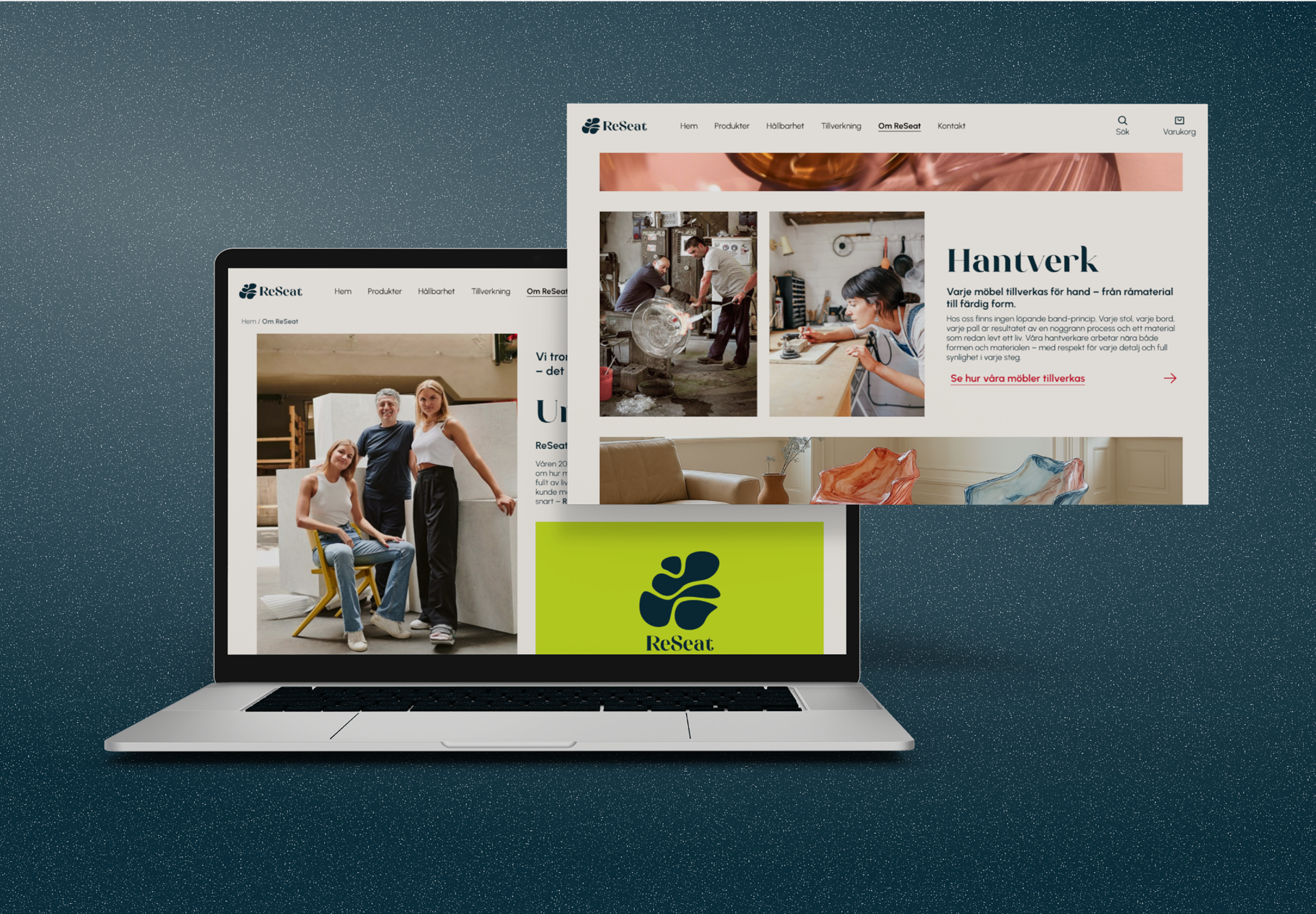 Två laptop mockups av ReSeats webbplats. Ena med om-oss sida som beskriver hantverket kring glaset.  Andra med om-oss sida som visar anställda. 