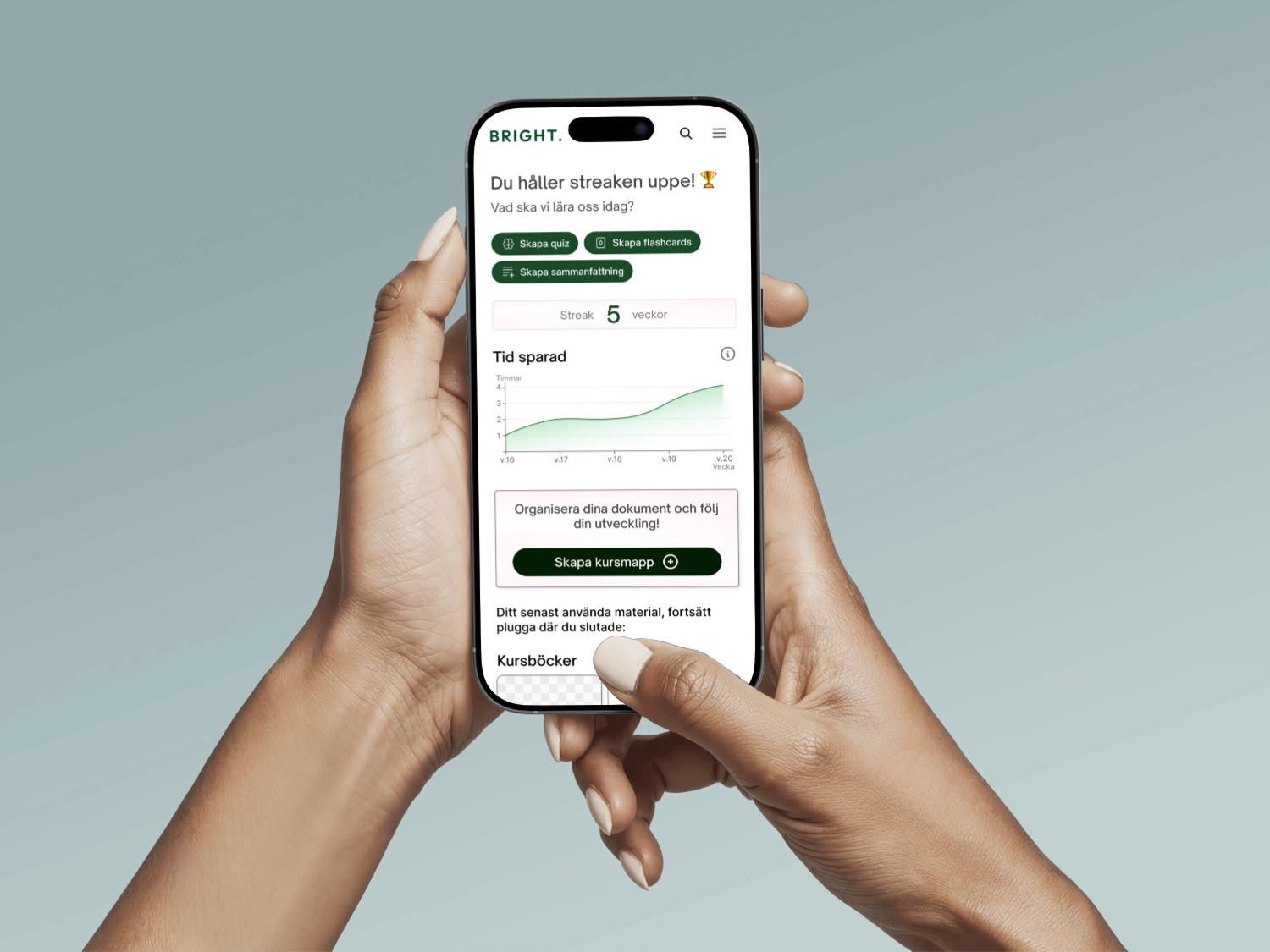 Mobil mockup av Brights studieplattform med en översikt över ett diagram som visar hur mycket tid studenten sparar genom att använda tjänsten.