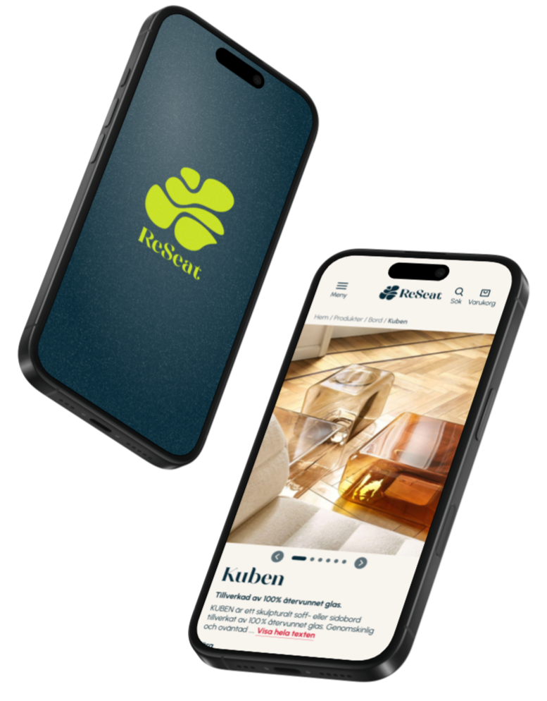 Två mobil mockups. Ena med ReSeat logga. Andra med produktsida.