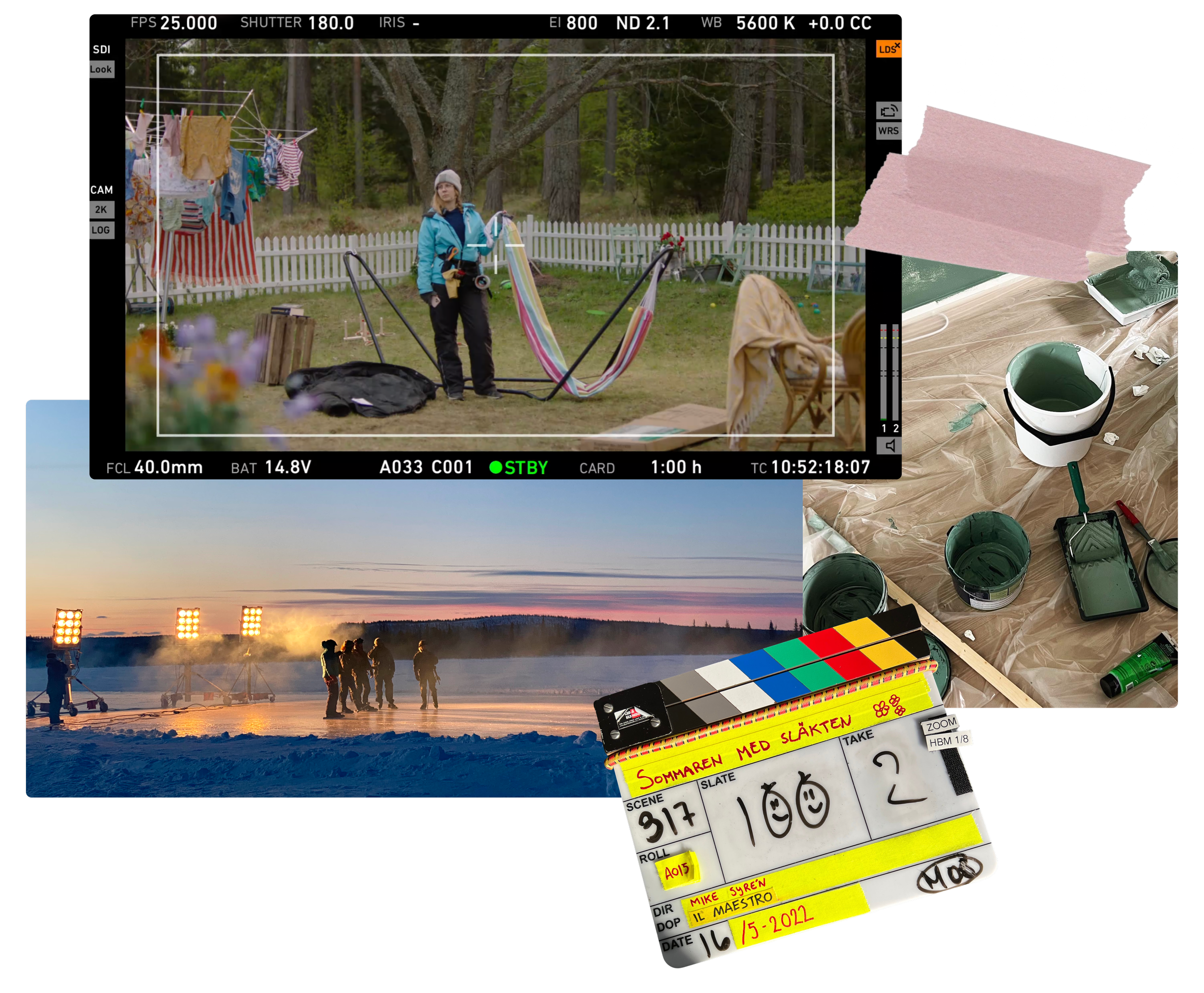 Kollage från arbete inom film och tv med filmklipp, rekvisita, scenografi och arbete bakom kameran.