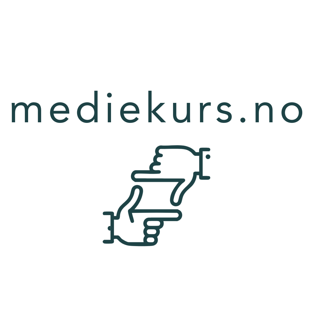 Logo with a stylized line drawing of a hand pointing right with a pointing finger and the text 'mediekurs.no' above it.
