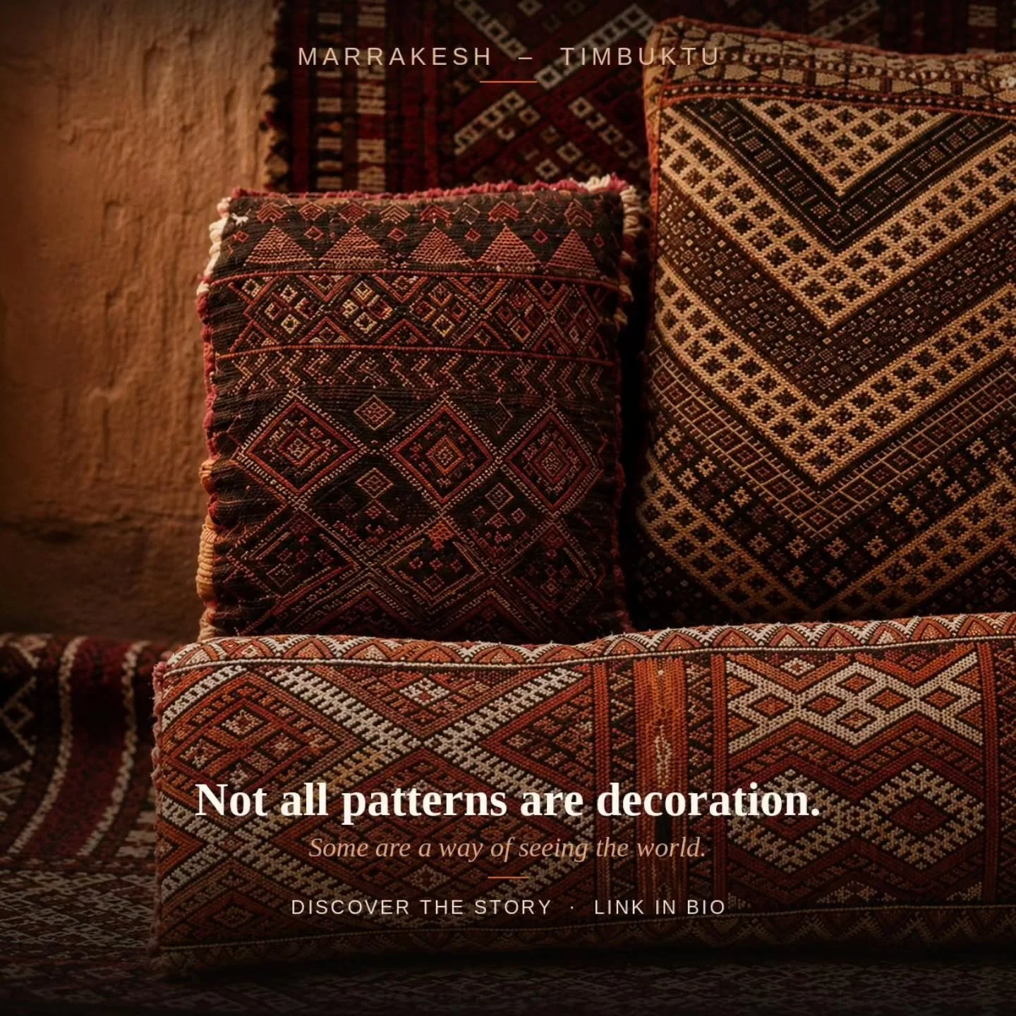 Not all patterns are decoration. Some are a way of seeing the world.
Every Amazigh weaving tells a story.
For generations, women wove much more than textiles. They wove memories, beliefs, and traditions into every thread. The diamonds, zigzags, and g