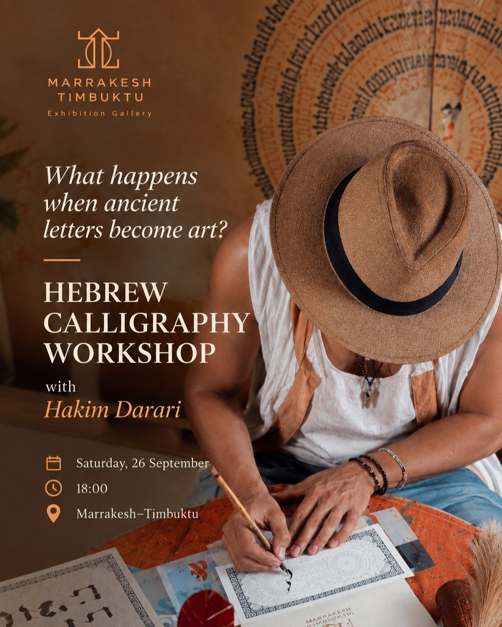 Letters carry memory.

Join us on Saturday 26 September at 18:00 for an evening of calligraphy, culture and discovery at Marrakesh&ndash;Timbuktu, with calligrapher Hakim Darari.

No experience needed. All materials are provided, and you take your pi
