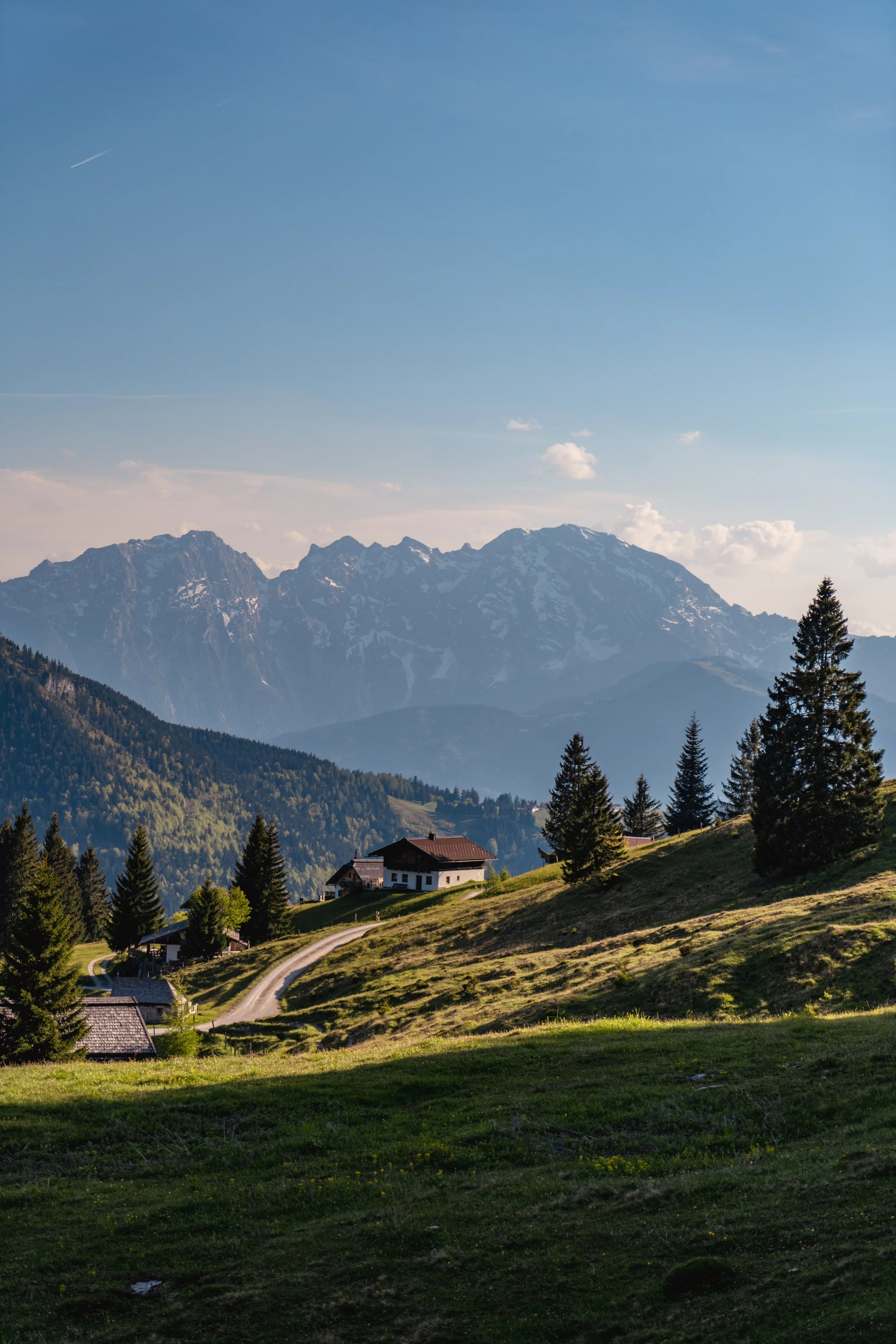 Landschaft mit grünen Hügeln, Häusern, Tannenbäumen und Berggipfeln im Hintergrund bei sonnigem Wetter.