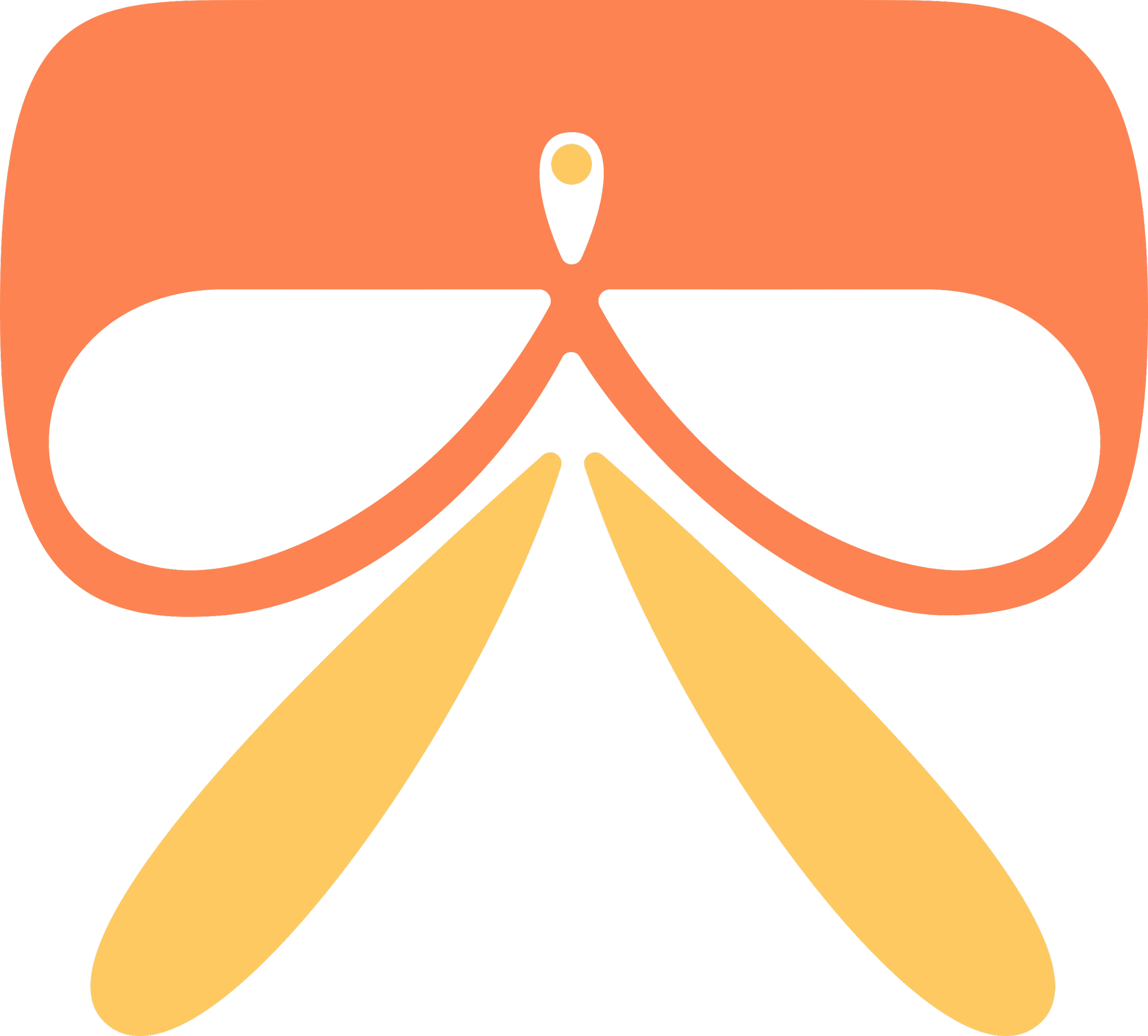 Ein stilisierter Fisch mit orangefarbenem Körper, schwarzen Flossen und gelben Flossen. Die Darstellung ist minimalistisch und abstrakt.