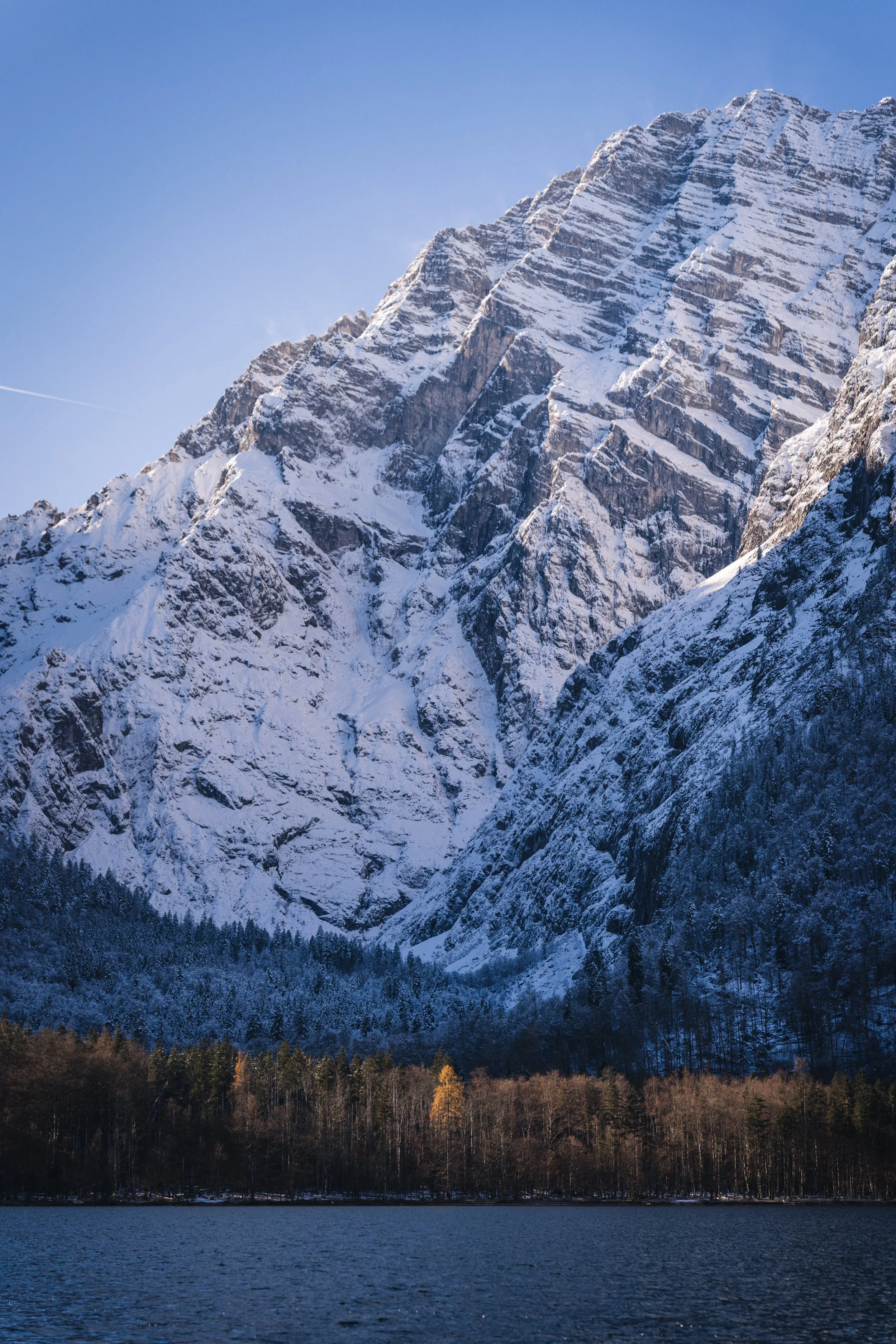 Schneebedeckte Berge über einem See mit bewaldeten Ufer