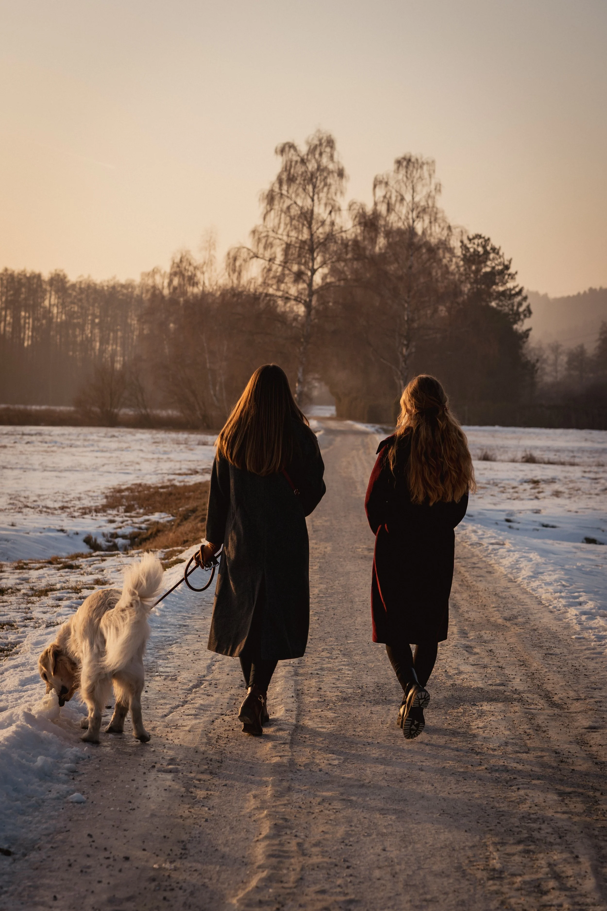 Zwei Frauen gehen im Winter bei Sonnenuntergang auf einem Feldweg, eine mit einem Hund an der Leine, durch eine verschneite Landschaft.