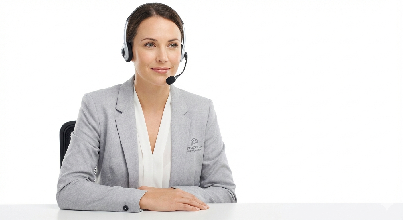A woman with brown hair wearing a gray blazer and white blouse, sitting at a white table with her hands clasped, wearing a headset with microphone, smiling against a plain white background.