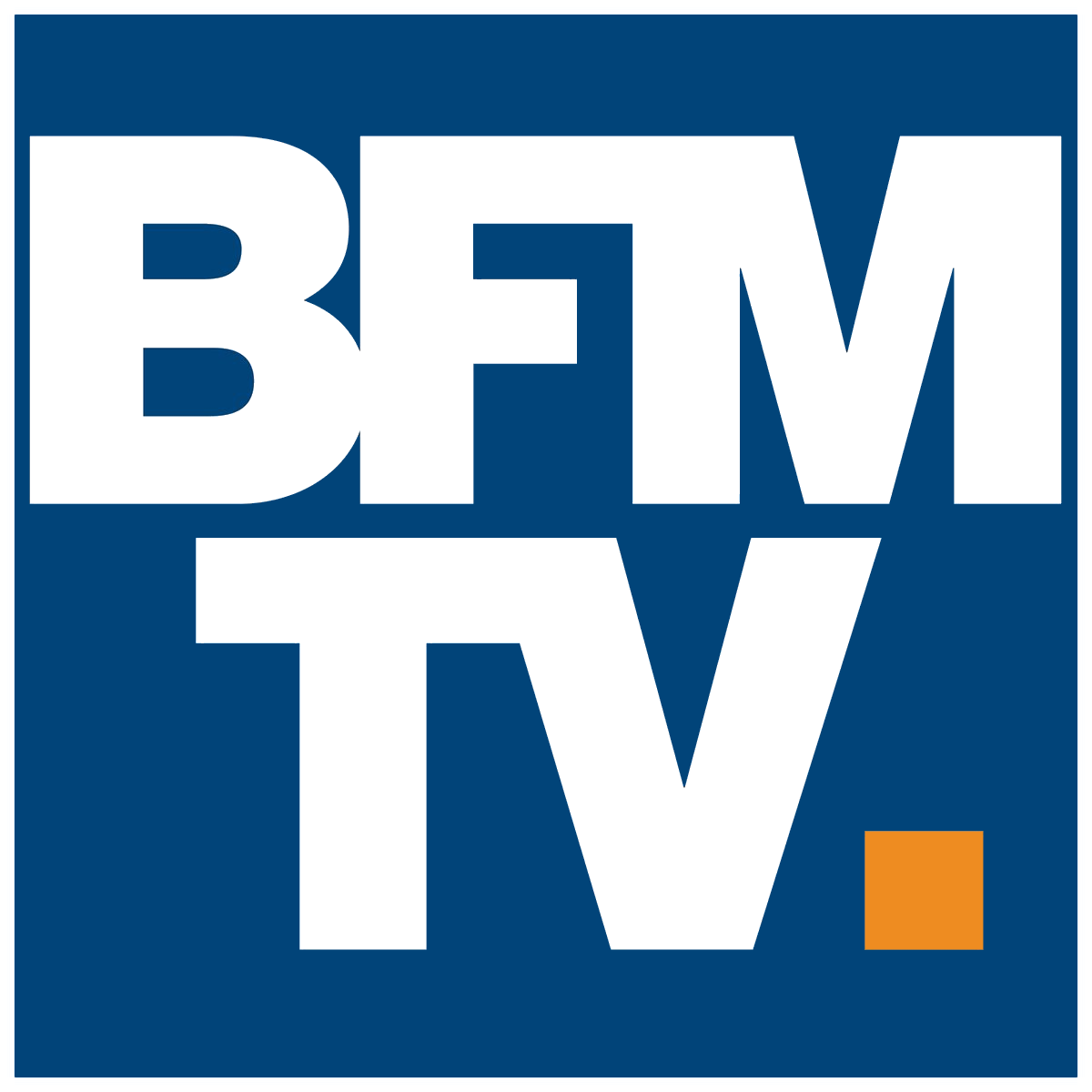BFMTV logo with bold white letters on a blue background, and an orange square at the bottom right corner.