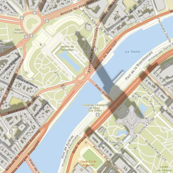 Map of Paris showing the Seine River, Eiffel Tower, Les Invalides, and surrounding streets and parks.