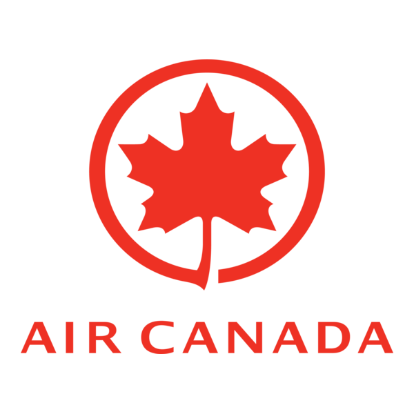 Red Air Canada logo with a stylized maple leaf inside a circle and the text 'Air Canada' below.