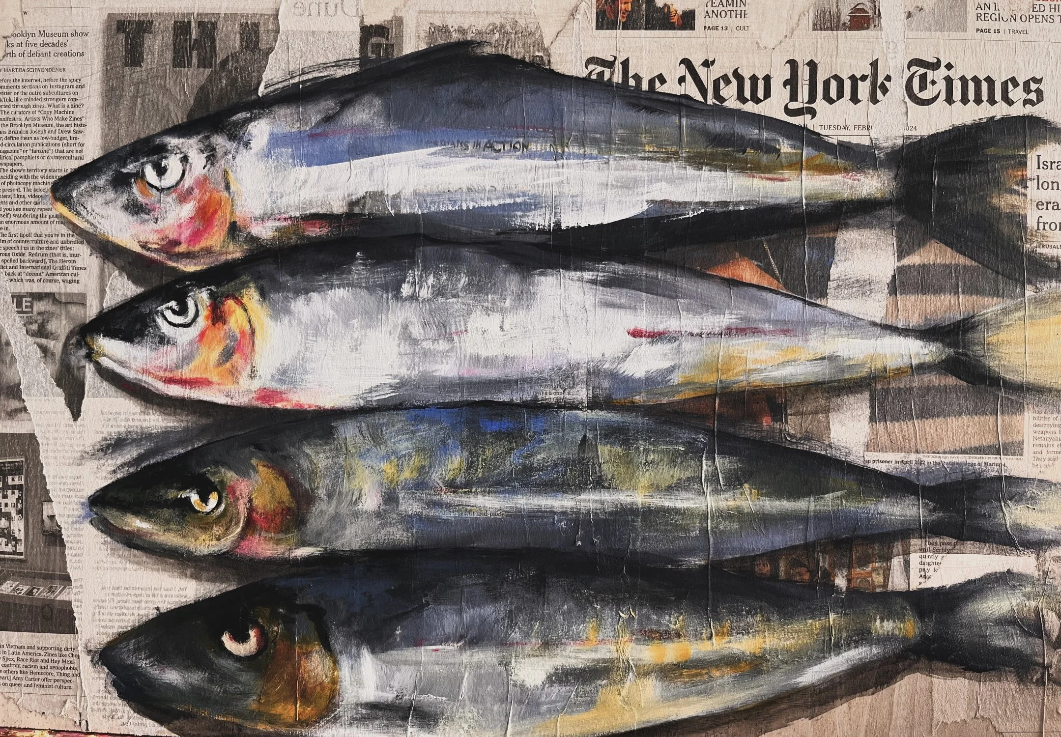 SARDINAS / acrylics on wood panel (newspaper-mounted) / 60x40cm / 2024