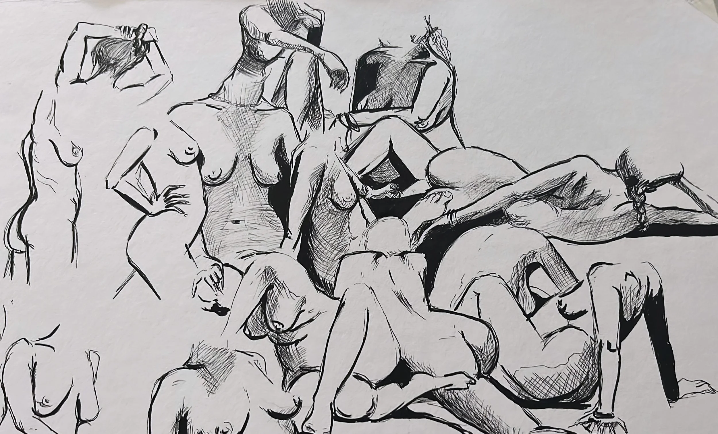 Zeichnung mehrerer nackter menschlicher Körper in verschiedenen Posen, weiblich und männlich, in Schwarz-Weiß.