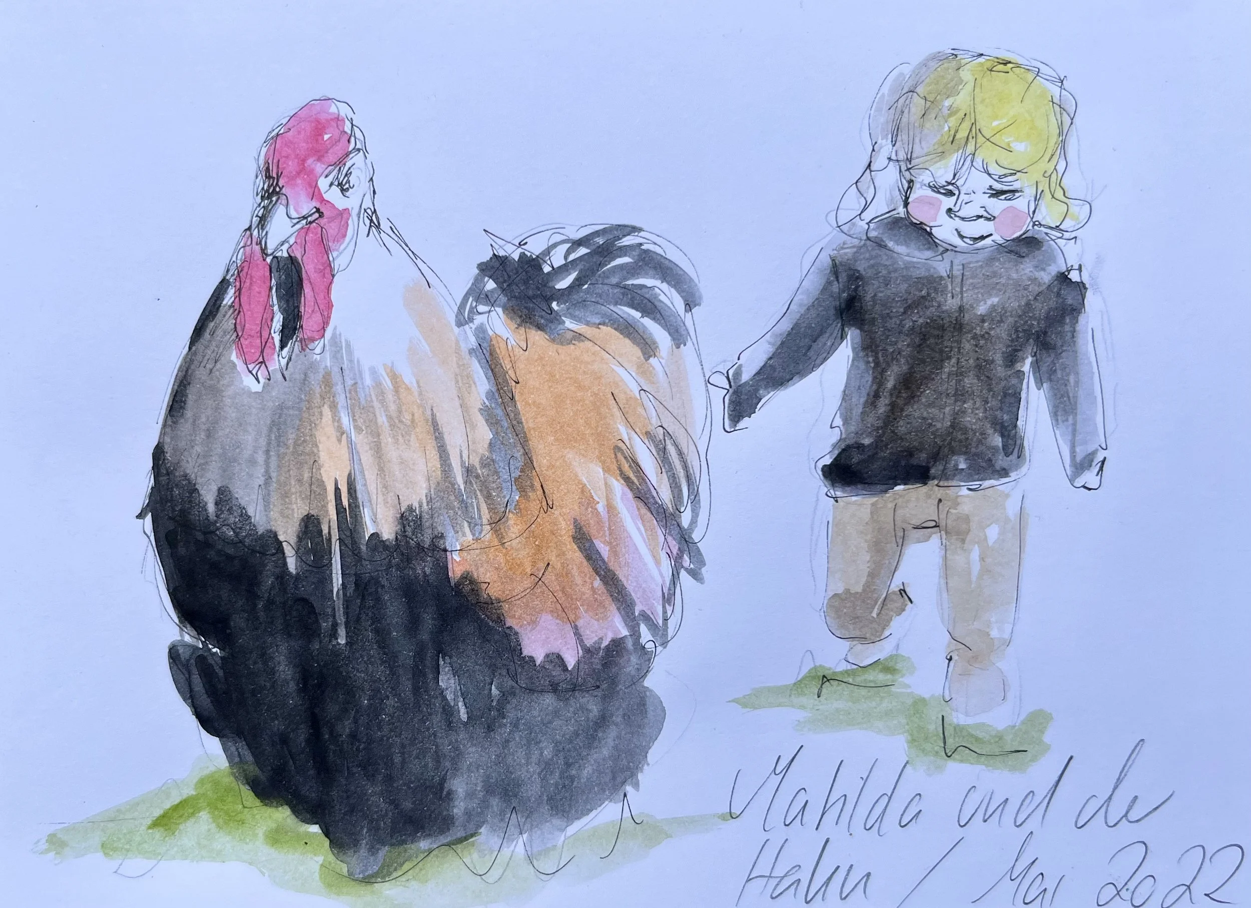 Eine Aquarellillustration zeigt drei Personen, eine Frau mit pinkem Haar und einem Pullover, einen Hund und ein Kind mit blondem Haare, das auf einem Grasfeld läuft. Es gibt handschriftlichen Text in der Ecke, der besagt 'Manica und die Helau Mai 202