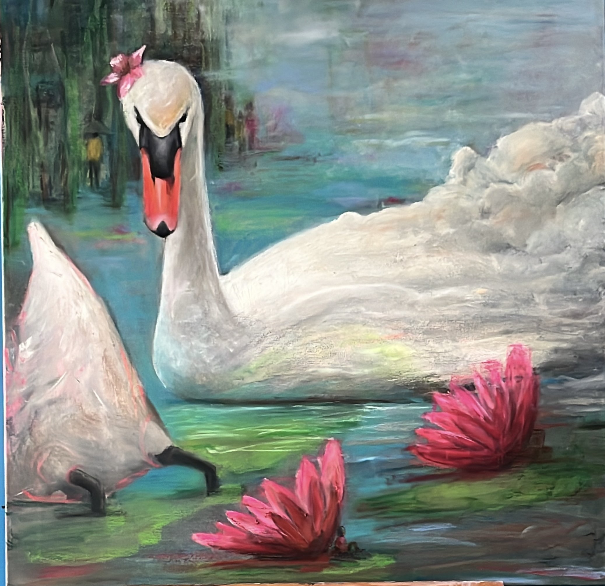 cloud swans/mixed media painting