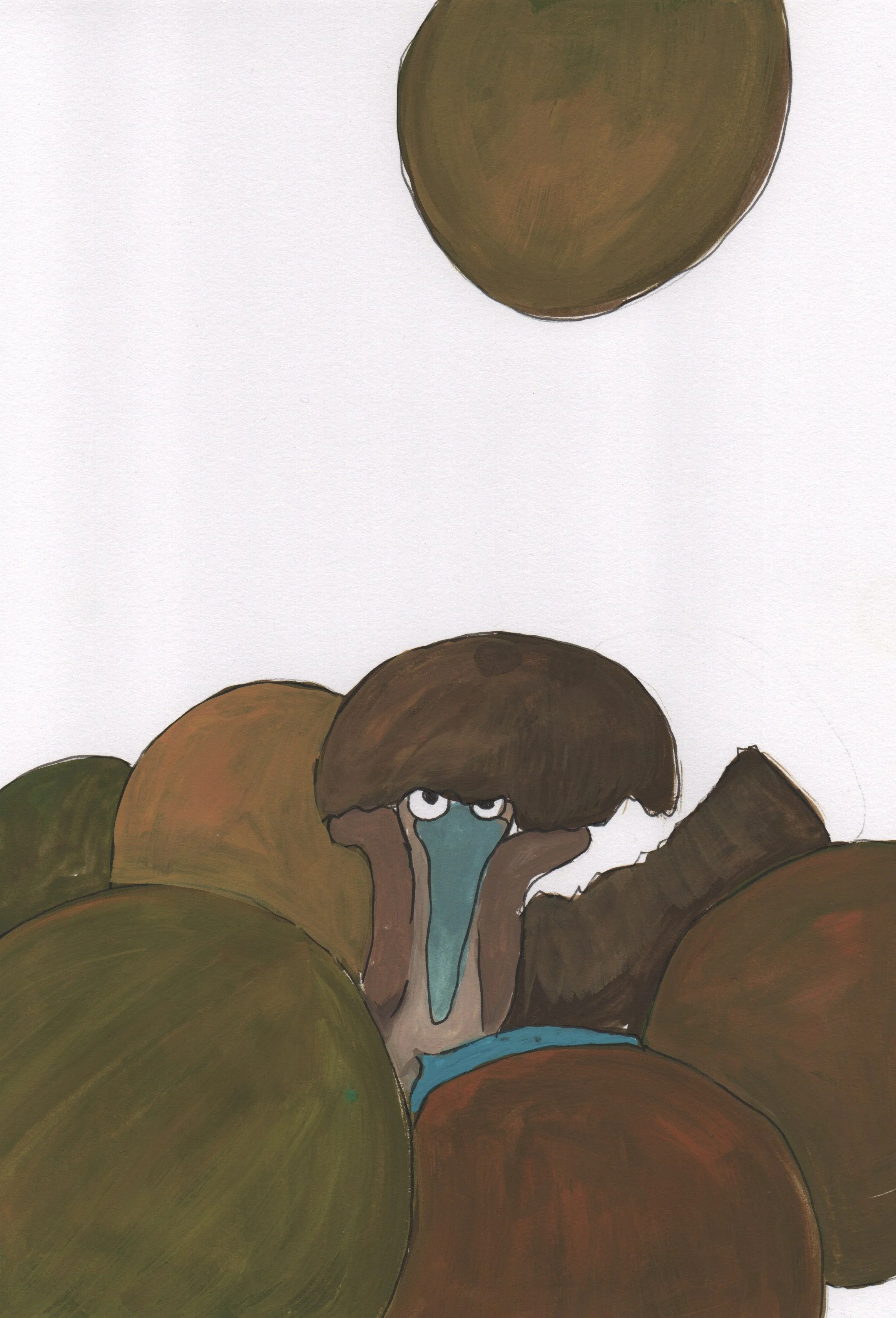 Illustration eines Tieres mit langem bläulichem Schnabel, versteckt hinter großen braunen, grünen und orangefarbenen runden Formen.