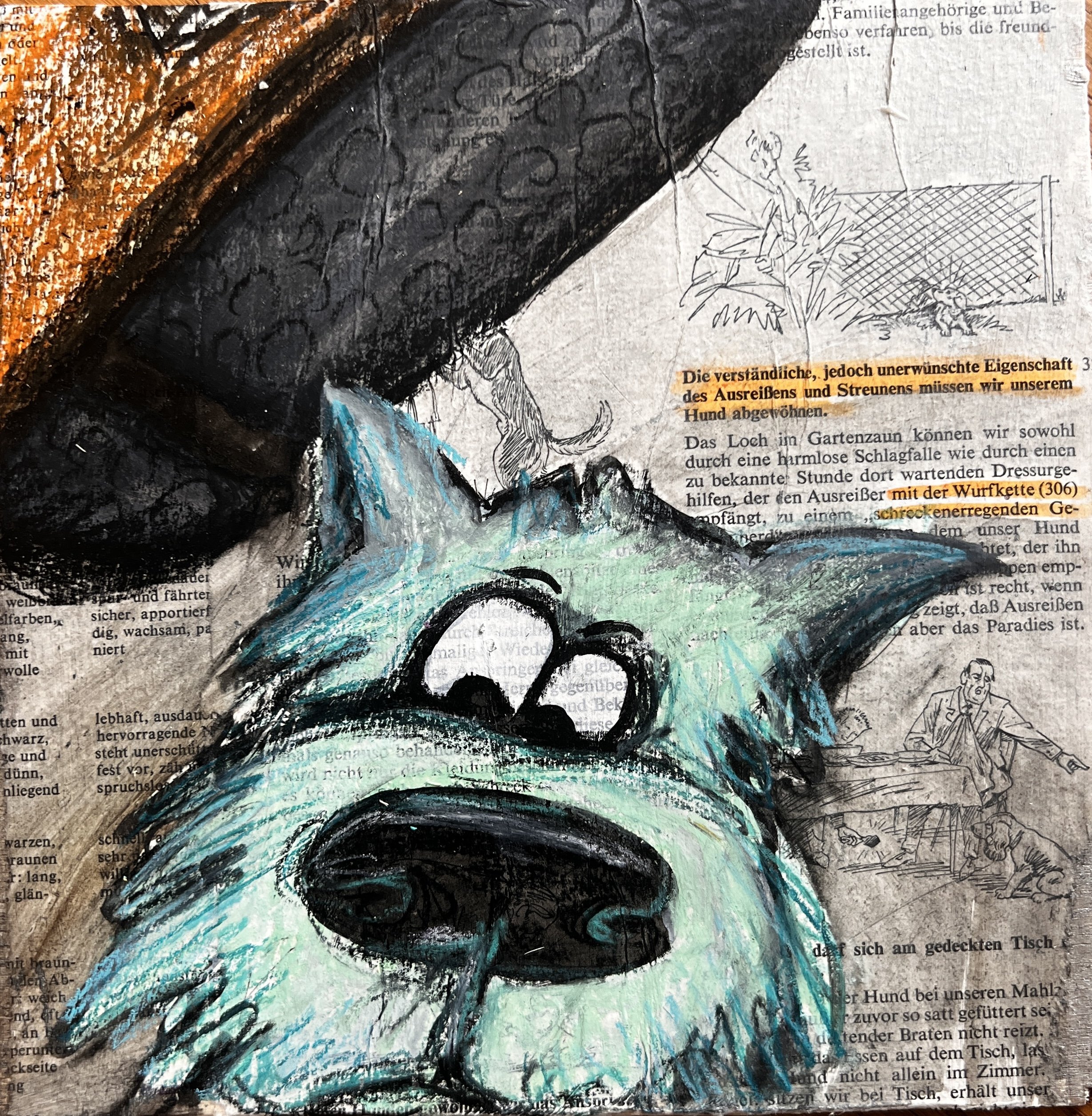 Good Dog 3 - educating a runaway dog / mixed media on wood panel (newspaper-mounted) / 20x20cm / 2026