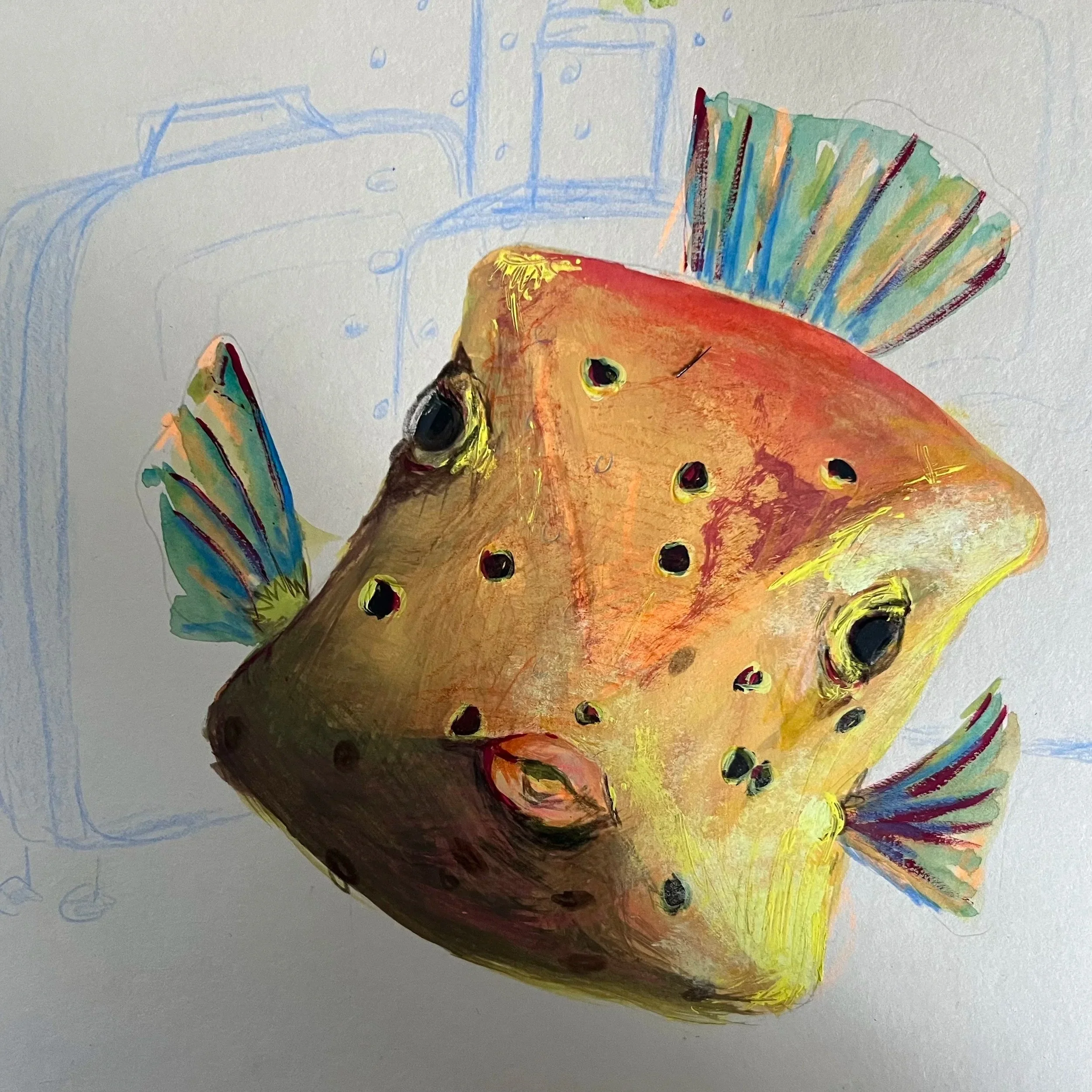 Künstlerische Illustration eines Fisches mit bunten Flossen und der Oberfläche eines Autos im Hintergrund.