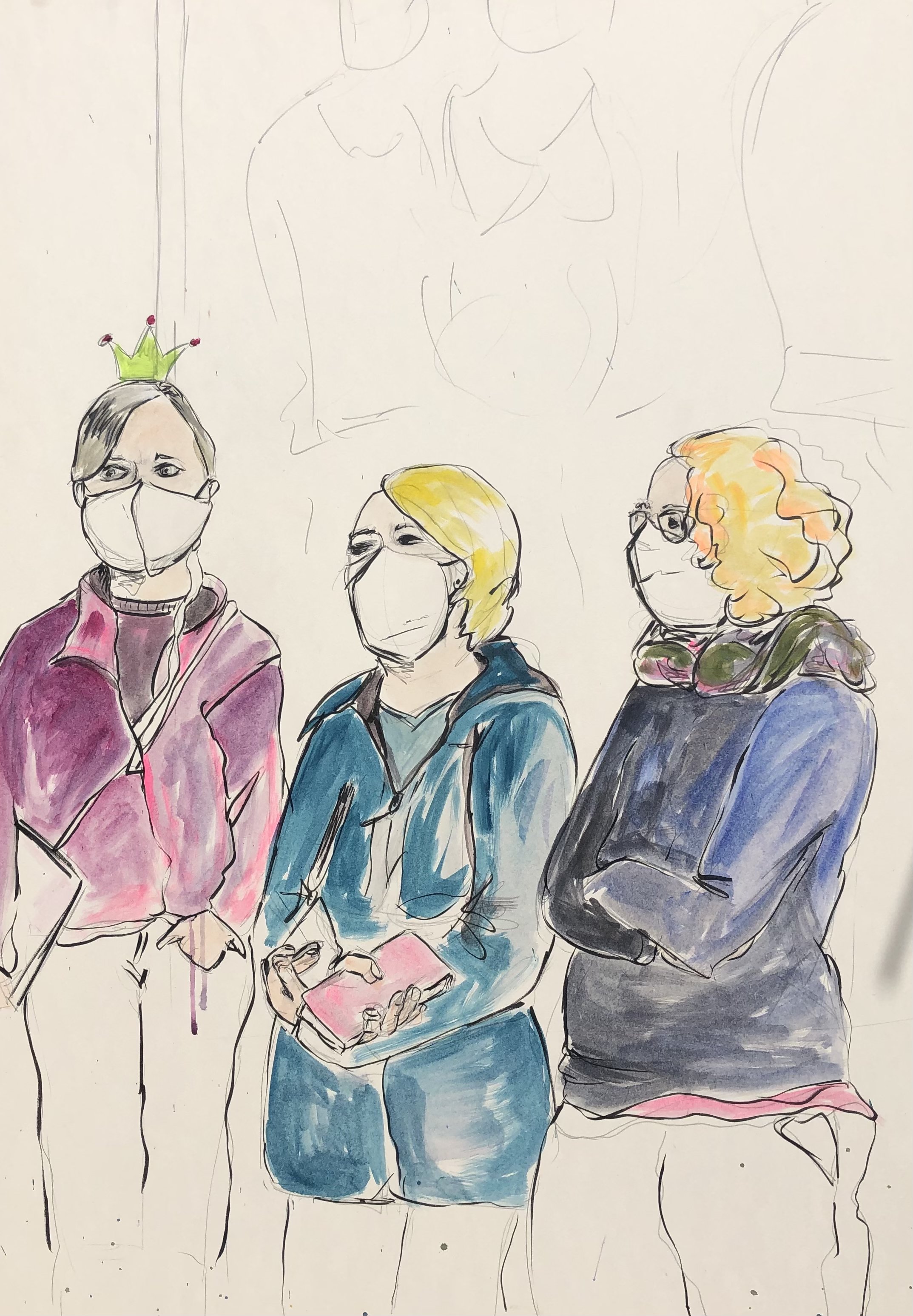Skizze von drei Frauen, alle tragen Gesichtsmasken. Die Frau auf der linken trägt eine Brille, eine grüne Krone im Kopf und eine pinkfarbene Jacke. Die Frau in der Mitte hat blonde Haare, trägt eine blaue Jacke und hält ein pinkes Notizbuch. Die Frau