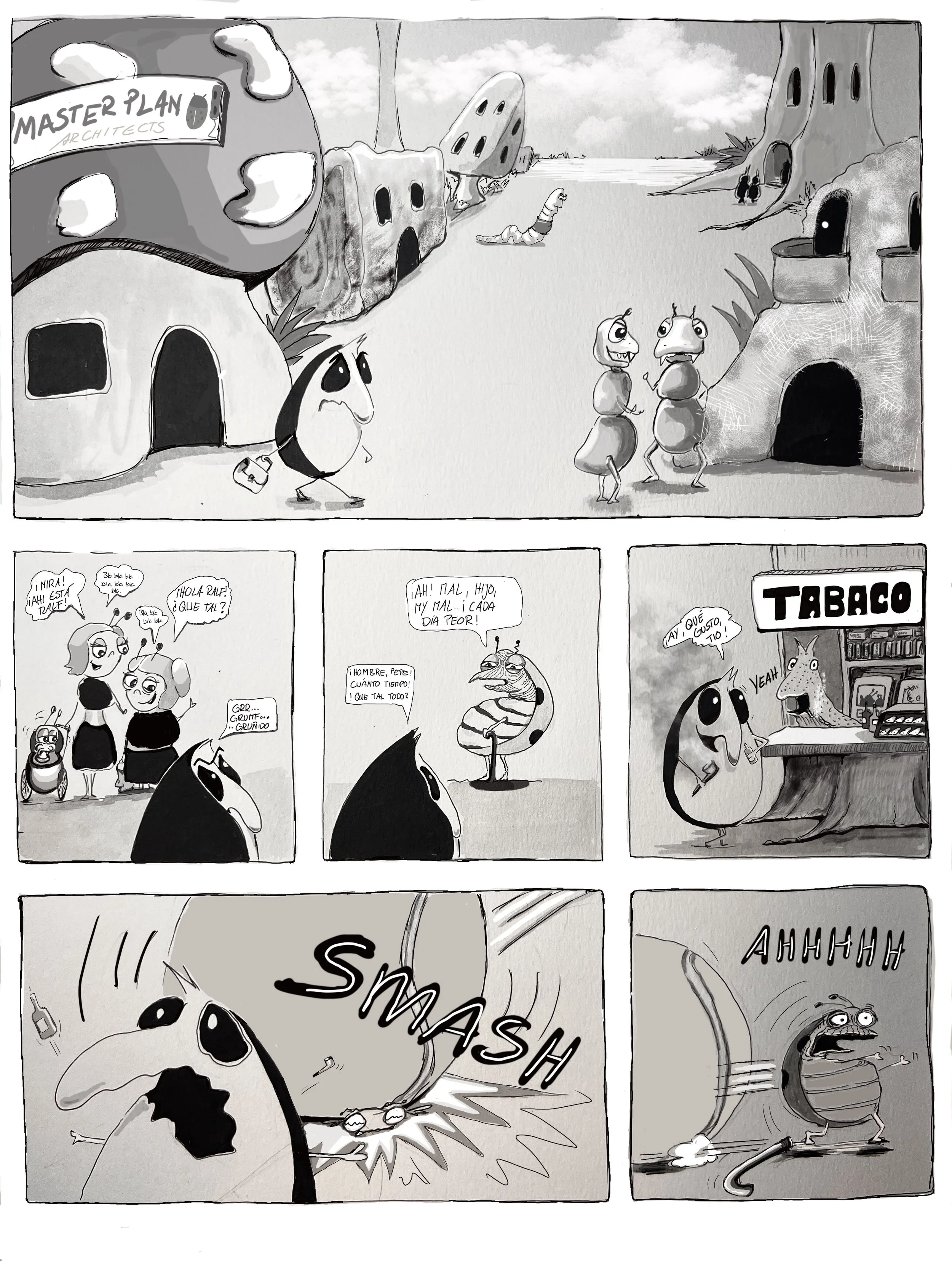 Drop It! – page 1 / ink, grey wash and digital