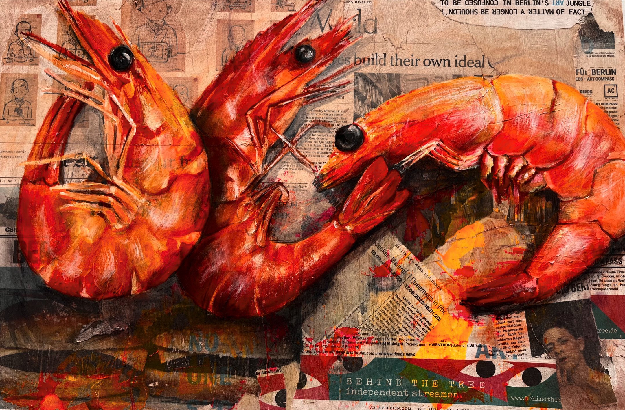 Mixed media painting of shrimps on paper