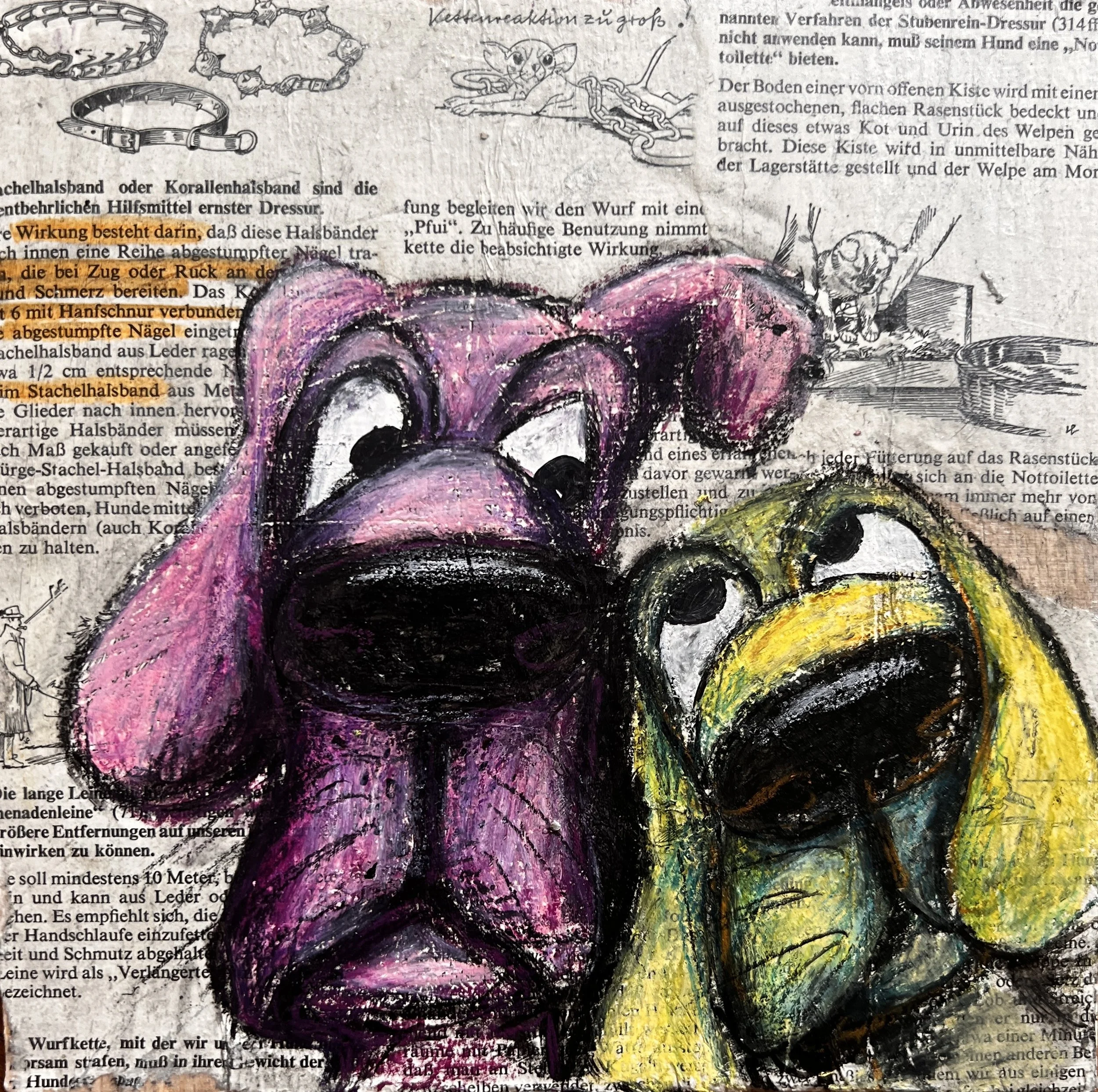 Good Dog 1  - pick the right collar / mixed media on wood panel (newspaper-mounted) / 20x20cm / 2026