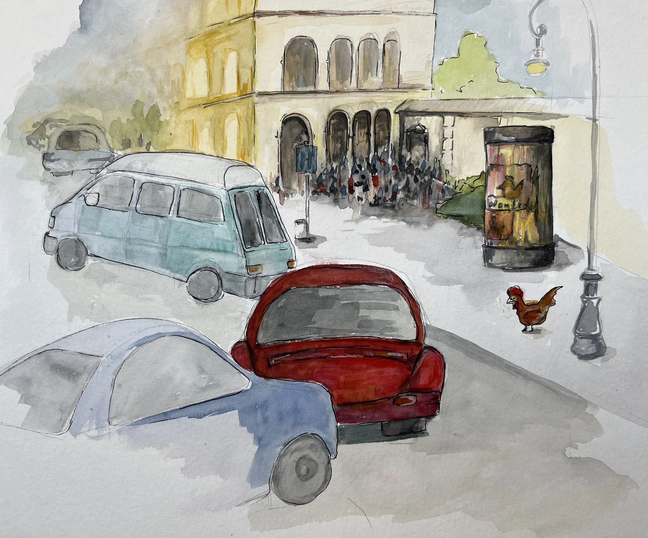 A watercolor painting of a street scene with parked cars, a chicken, a mailbox, a crowd outside a building, and a bus stop with an advertisement. https://liliomverlag.de/Buch/Geheimnisgeschichten-9-neuntes-Buch-9783966060301.html