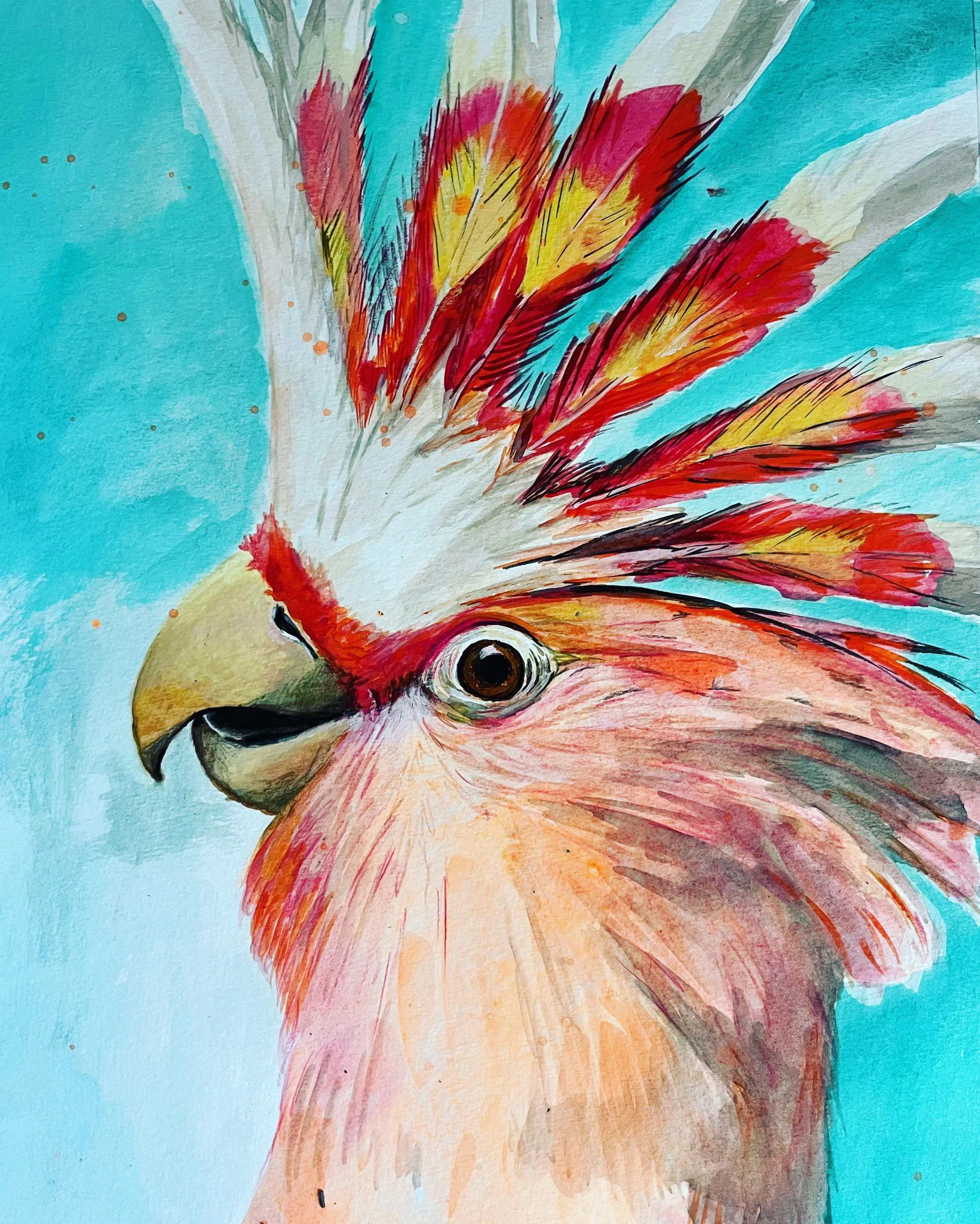 A colorful illustration of a cockatoo with a bright turquoise background.