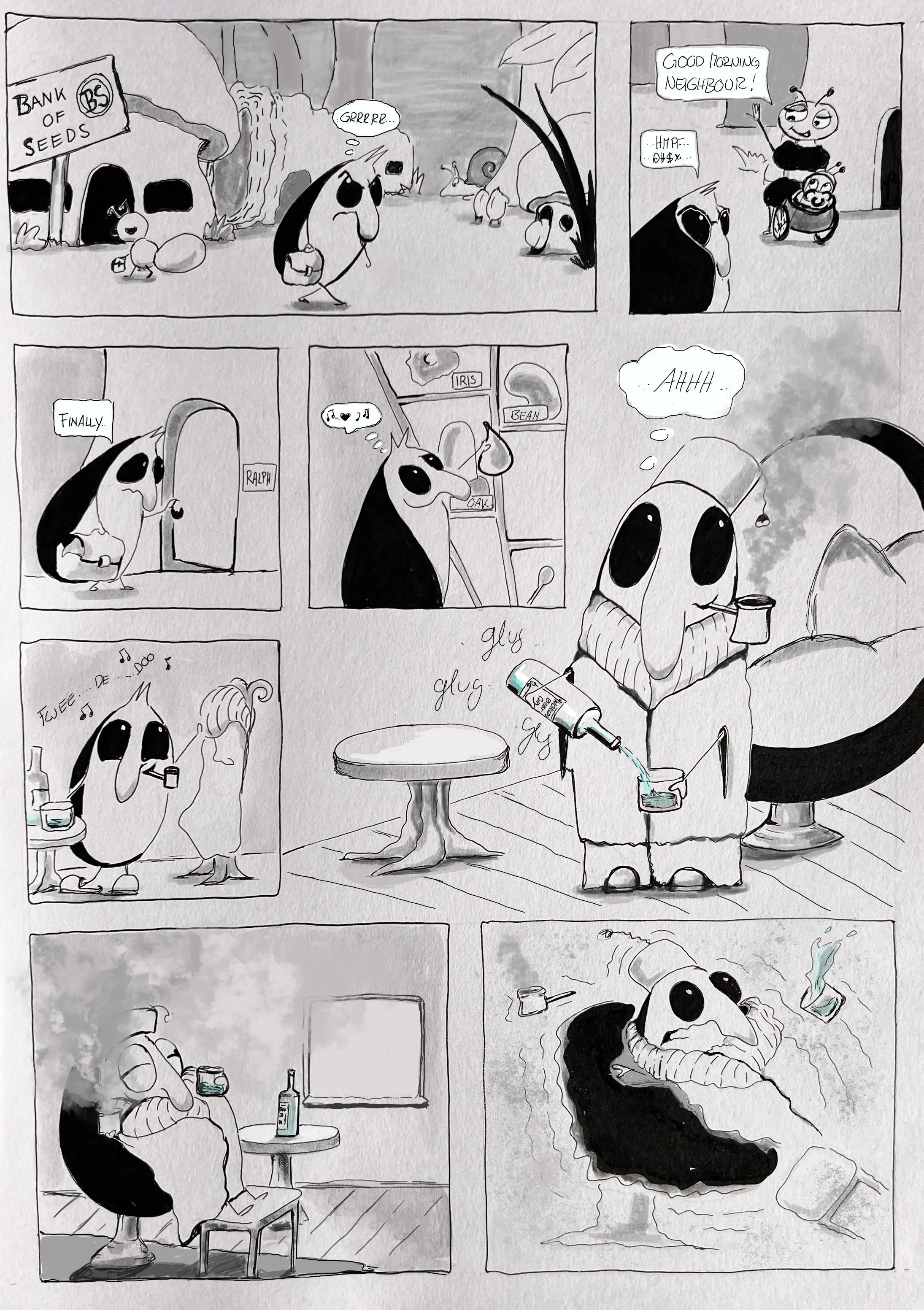 Happy Hour – page 1 / ink and grey wash
