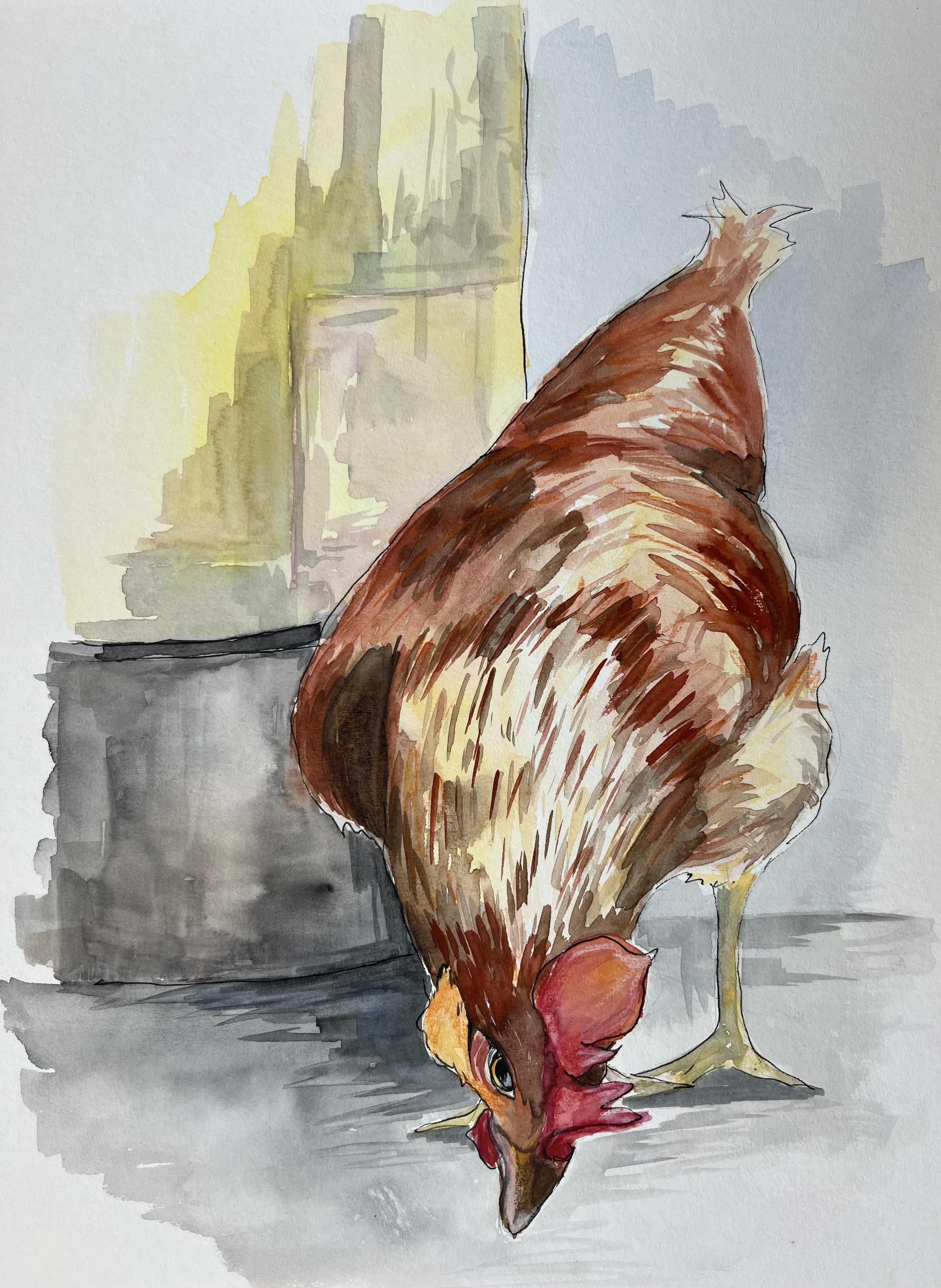 A watercolor painting of a chicken pecking at the ground next to a metal container, with a yellowish background for https://liliomverlag.de/Buch/Geheimnisgeschichten-9-neuntes-Buch-9783966060301.html