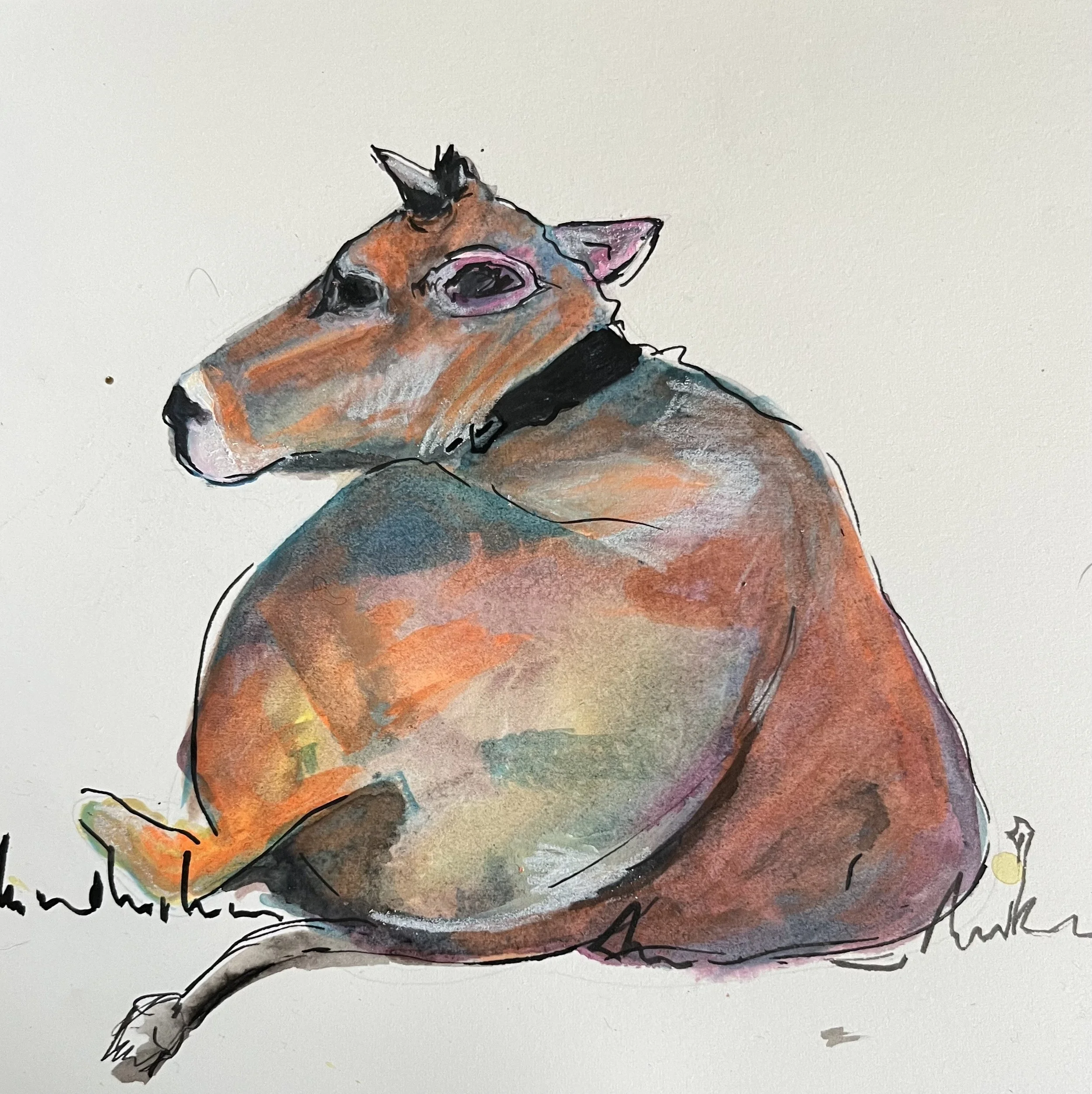 A colorful watercolor painting of a sitting guinea pig with detailed features and a black collar on a white background.