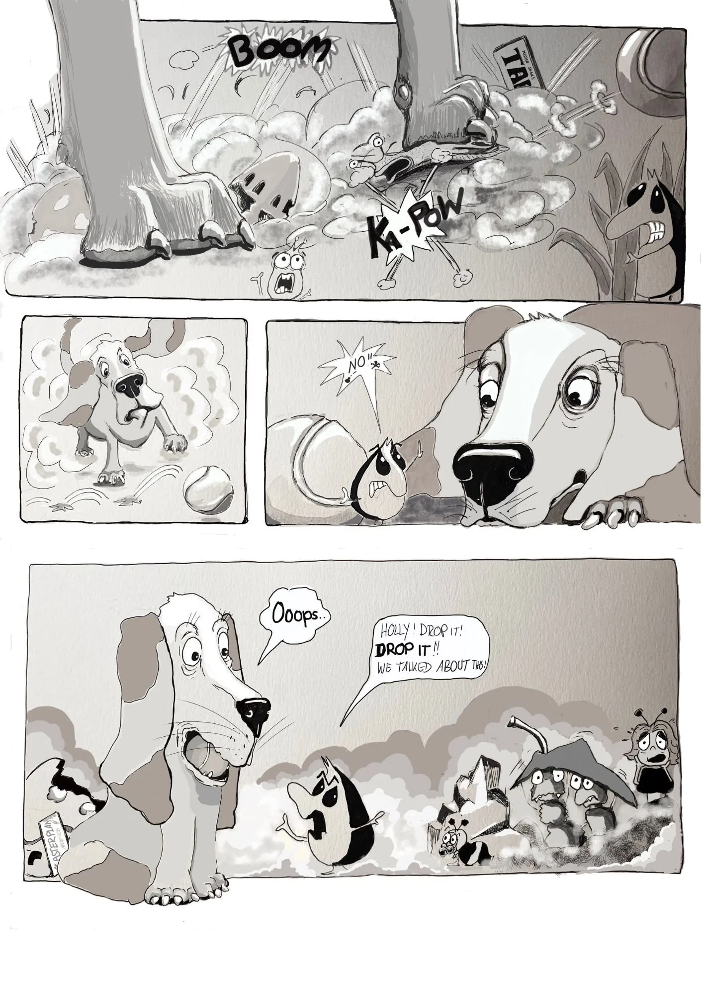 Drop It! – page 2 / ink, grey wash and digital