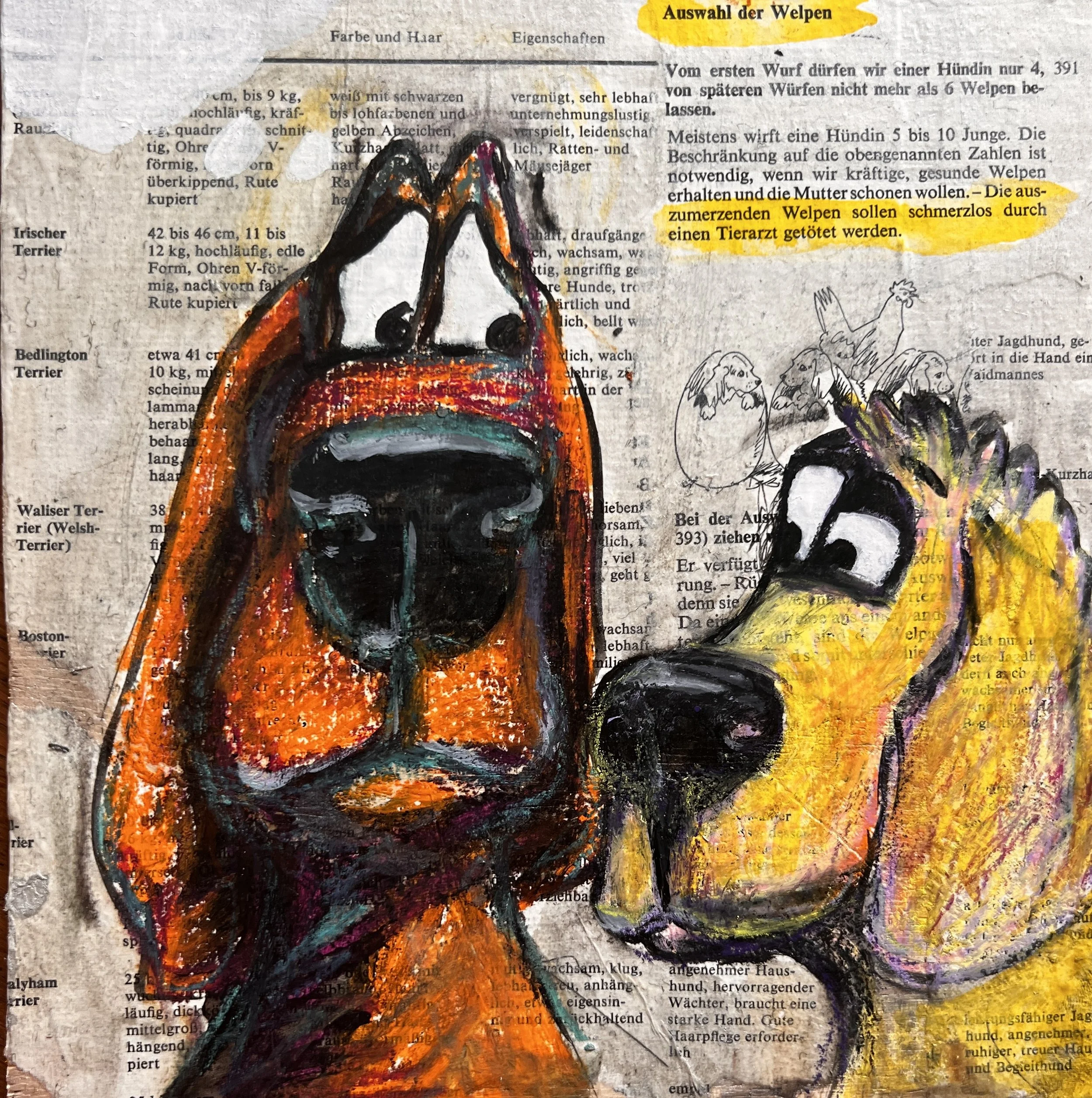 Good Dog 2 - selecting the right puppy / mixed media on wood panel (newspaper-mounted) / 20x20cm / 2026