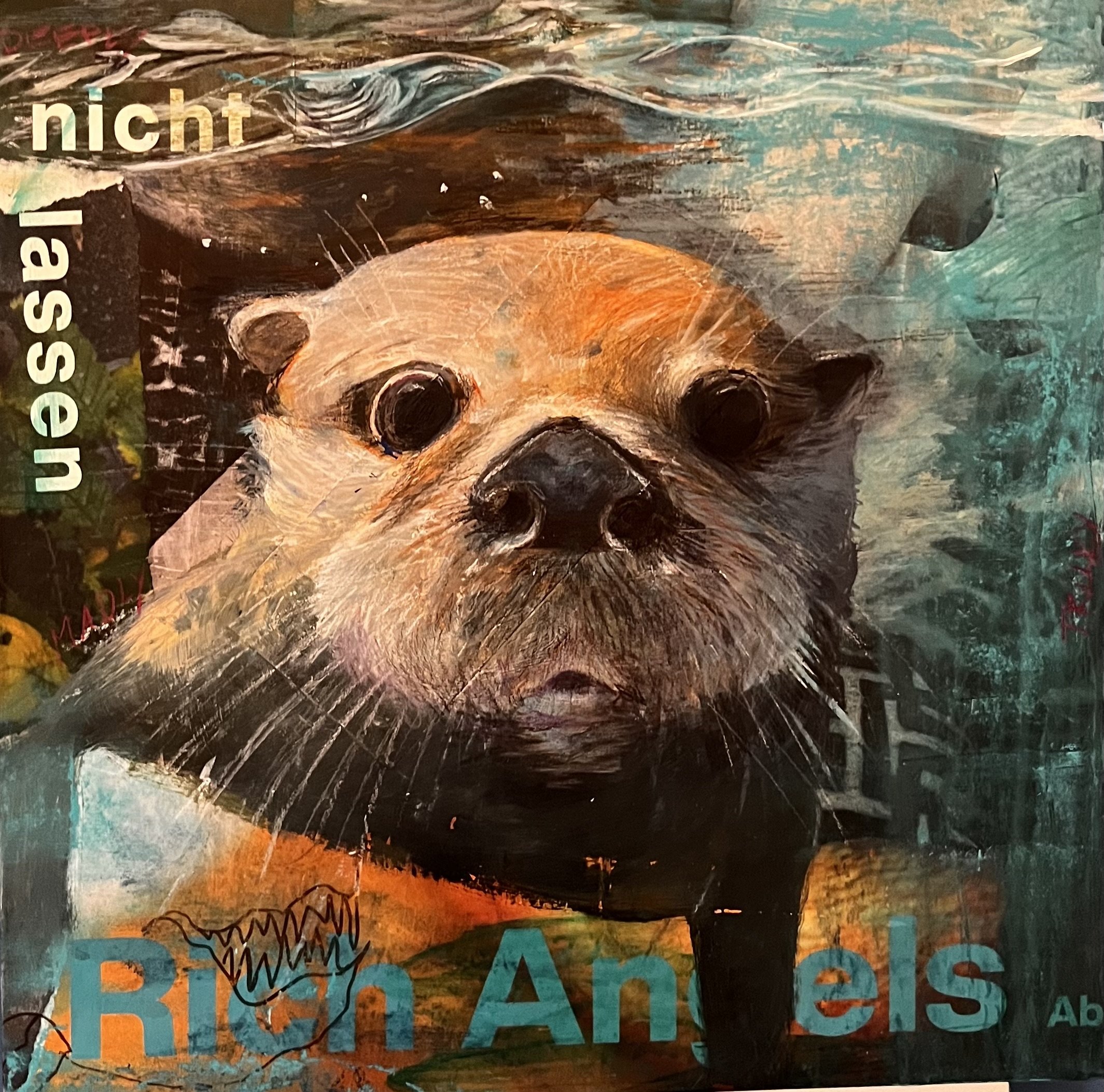 Mixed media painting and Collage of an Otter