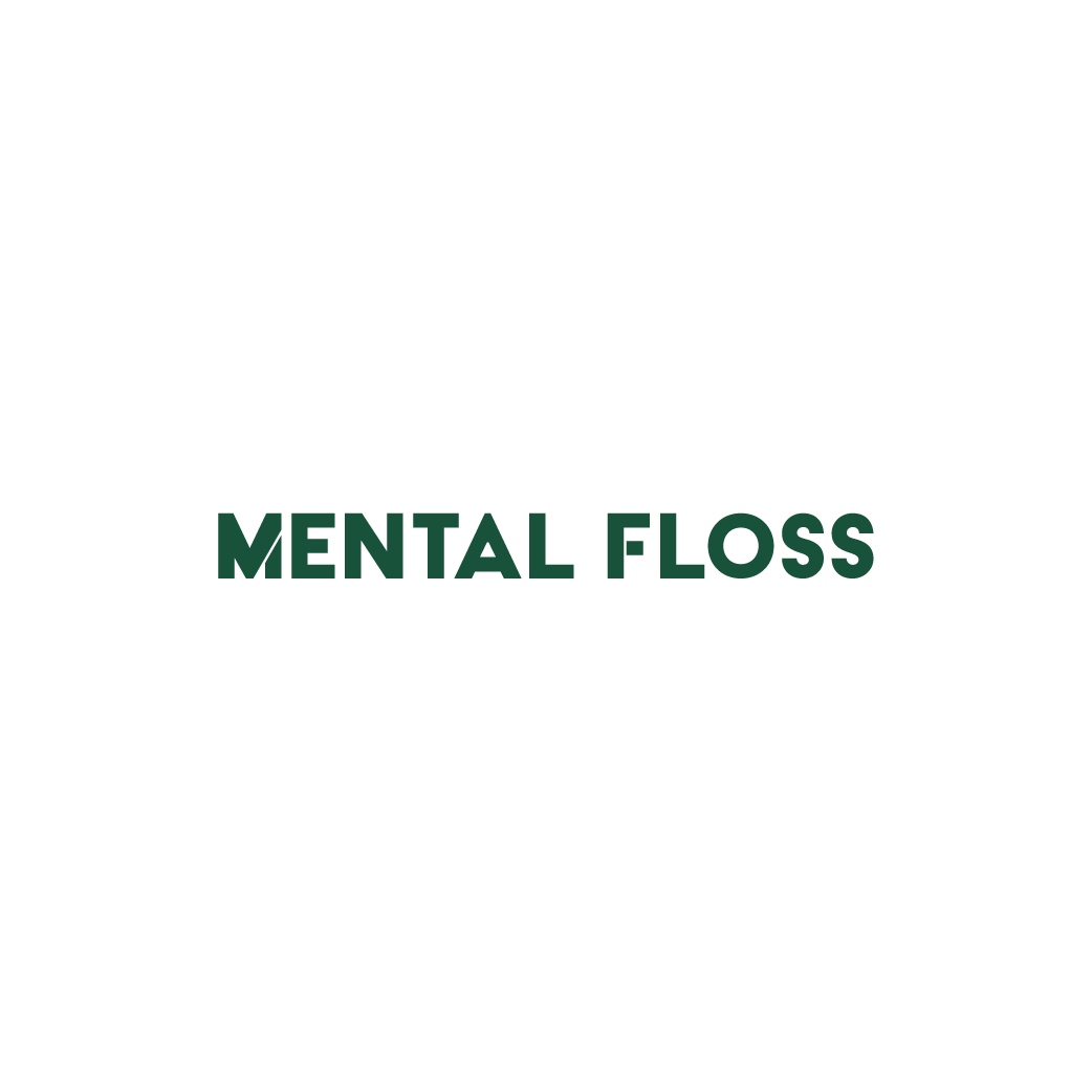 A graphic with a black background, a white geometric outline of a human head with a brain, and a green text overlay reading 'MENTAL FLOSS'.