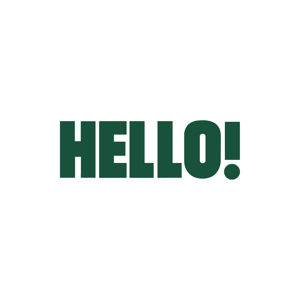 Green text on black background says, 'HELLO!'.