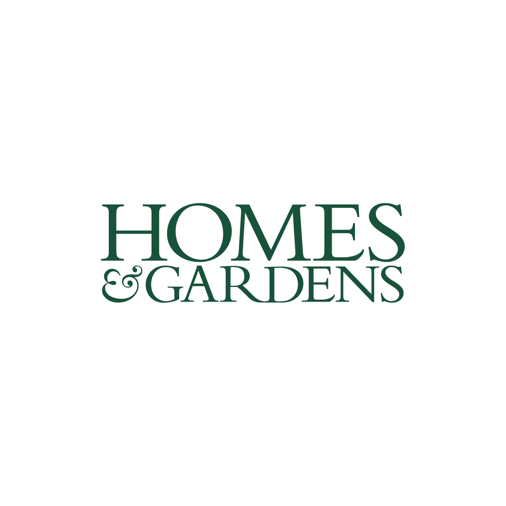 Logo of Homes & Gardens with a black background and green text.